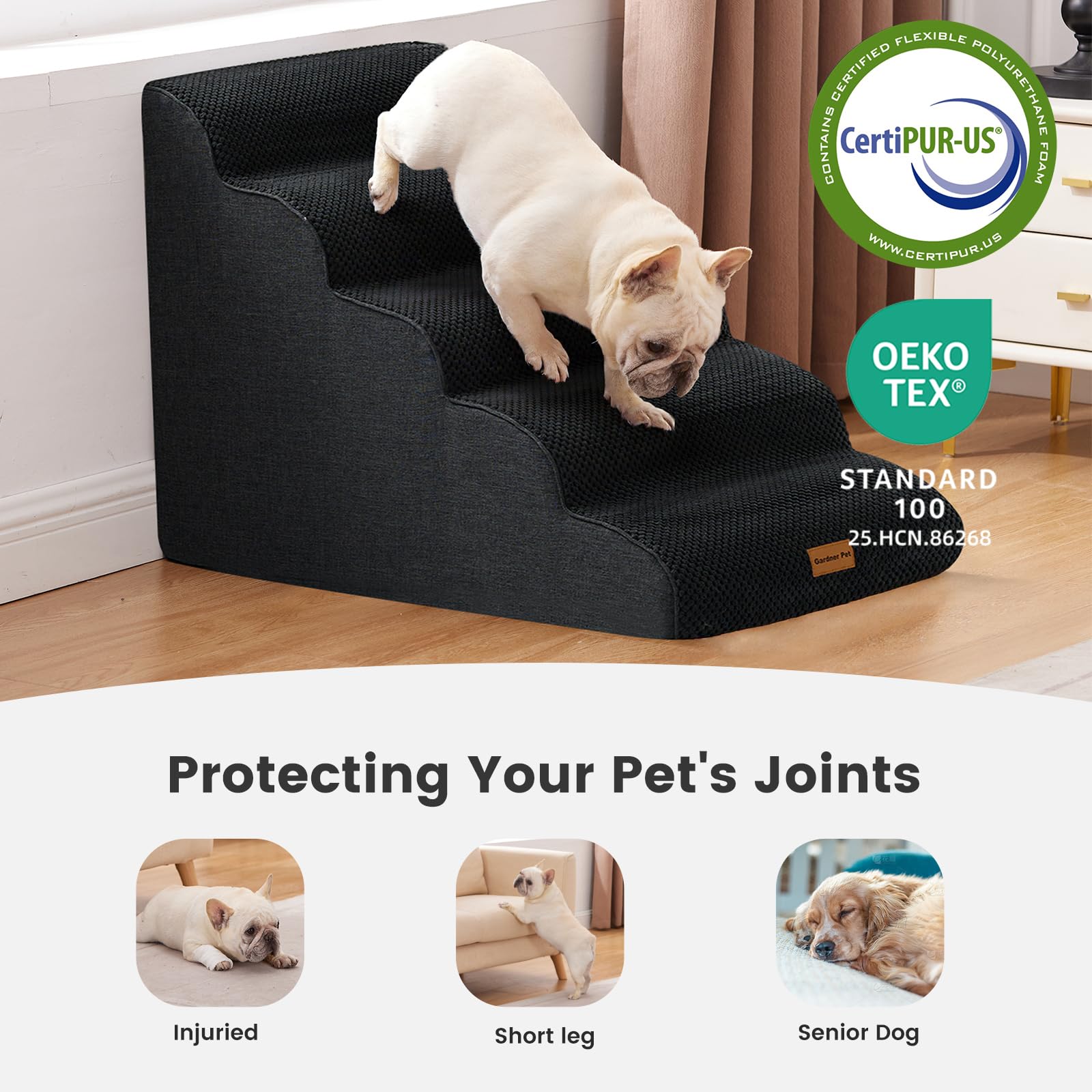 Gardner Pet Scala per Cani Piccoli 58cm, 5 Gradini, Rampina in Schiuma con Rivestimento Antiscivolo e Impermeabile per Letto, Divano e Auto, Grigio scuro