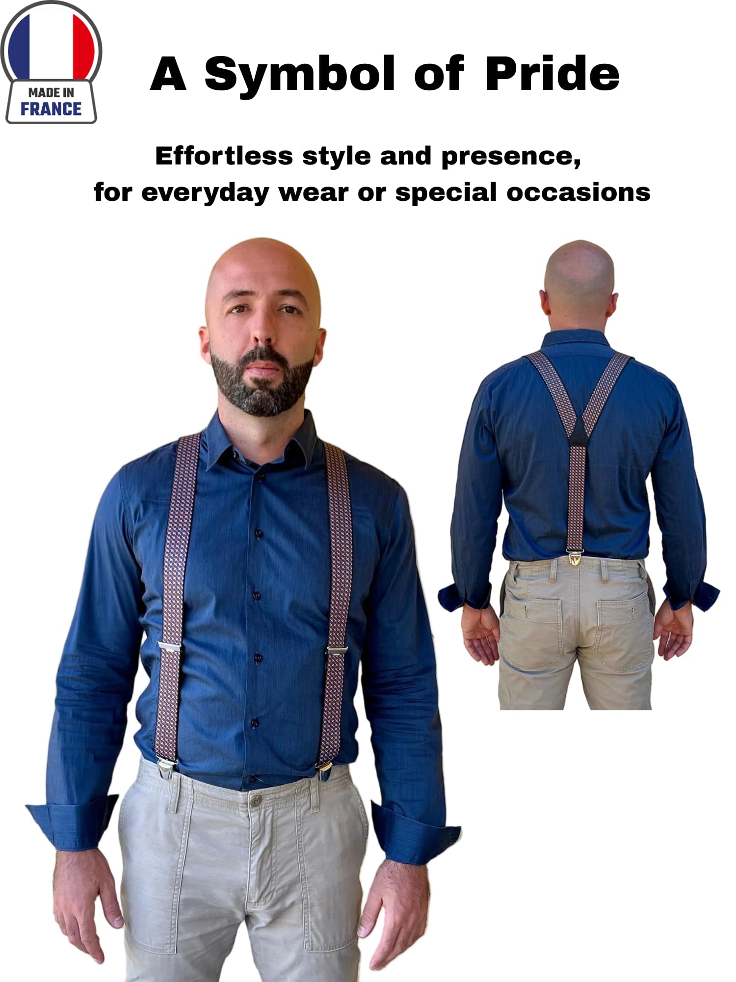 Tirantes para hombre anchos en Y Made in France – Correa de fantasía – Espalda 100% piel – Tejido resistente elástico – 3,5 cm x 120 cm – Pinzas fuertes para sujetar los pantalones
