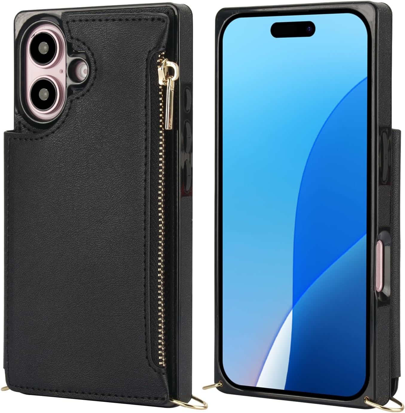 Bocasal Crossbody Wallet Case for iPhone 16 with RFID Blocking Card Slot Holder, Magnetic Flip Folio Purse Case, PU Leather Zipper Handbag with Detachable Lanyard Strap 6.1 Inch 5G (Black) - Image 8