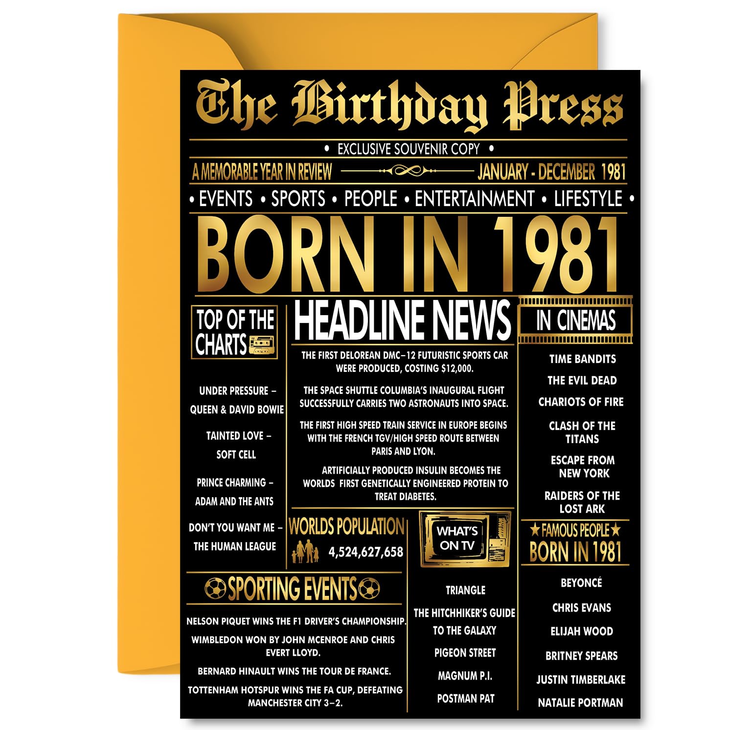 Gold 45th Birthday Card for Men Women - Black & Golden Newspaper Born in 1981 - Happy 45 Birthday Cards for Nephew Dad Niece Neighbour Colleague Friend, A5 Bday Greeting Cards