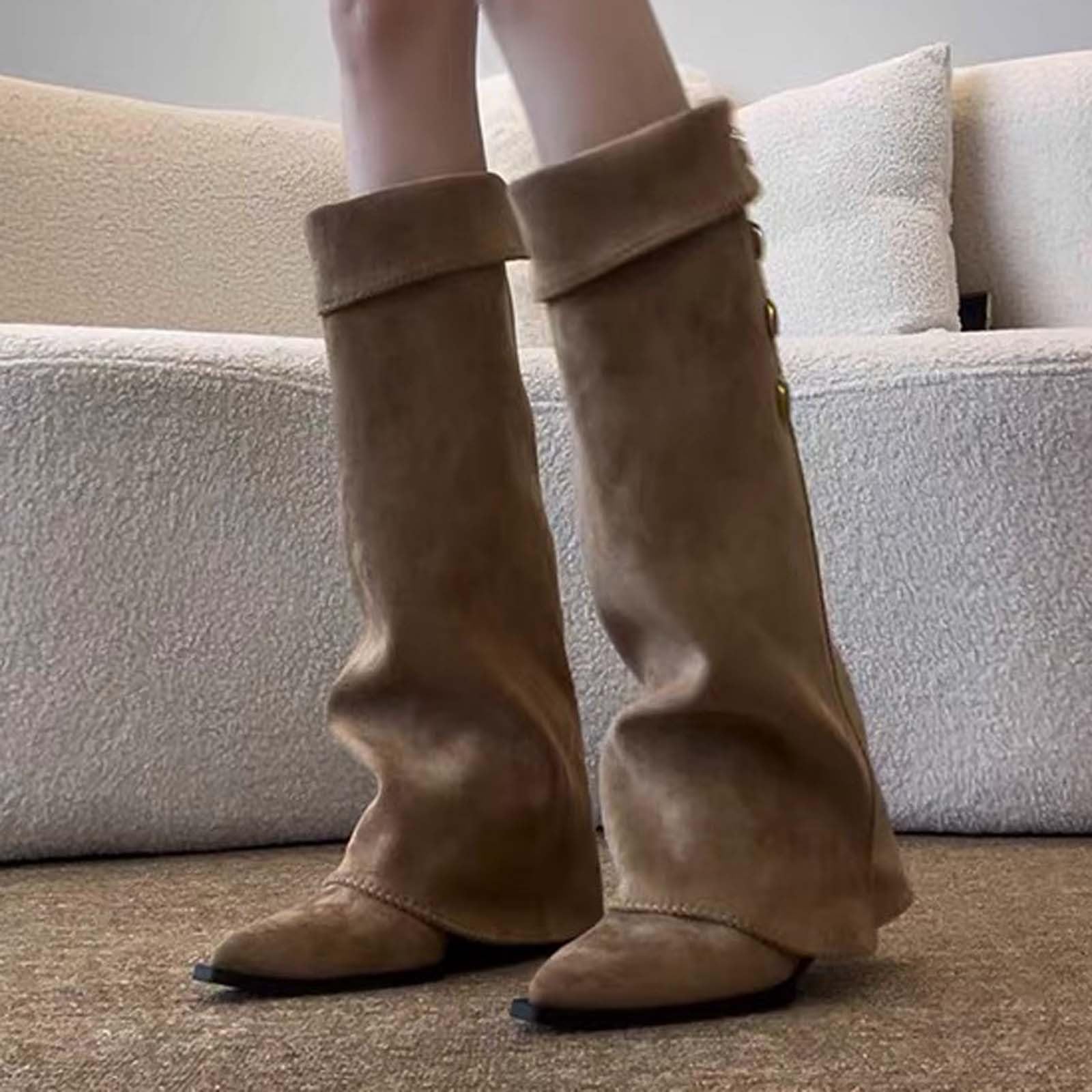 Botas de Invierno Mujer Botas Altas de Moda con tacón, Punta Fina y caña apilable, Estilo Ecuestre, cómodas para Uso Diario.