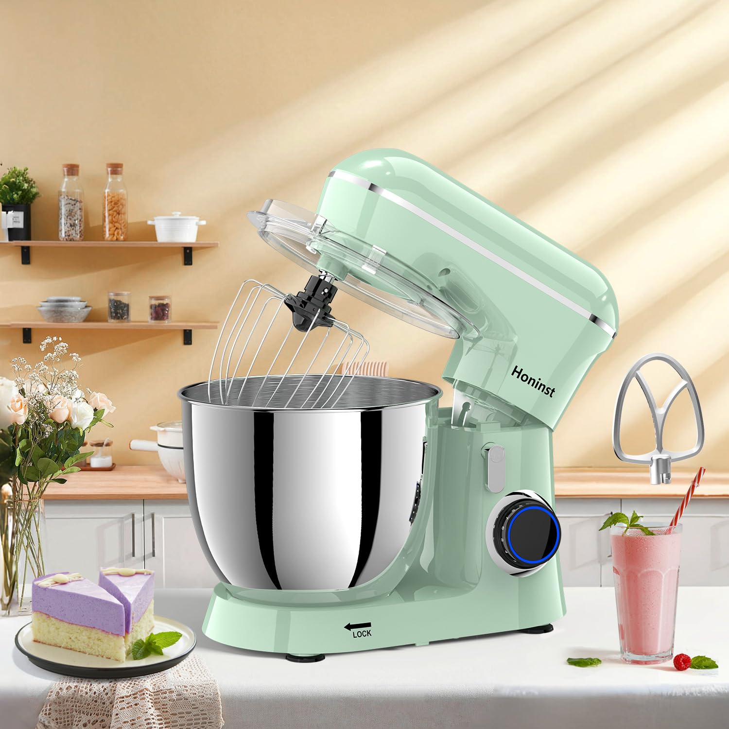 Honinst Küchenmaschine Knetmaschine, 10 P Stufen Teigknetmaschine, 1400W Teigmaschine, Rührmaschine mit 6.5L EdelstahlschüSsel, Schneebesen, Knethaken, Rührbesen & Spritzschutz zum Backen, Grün