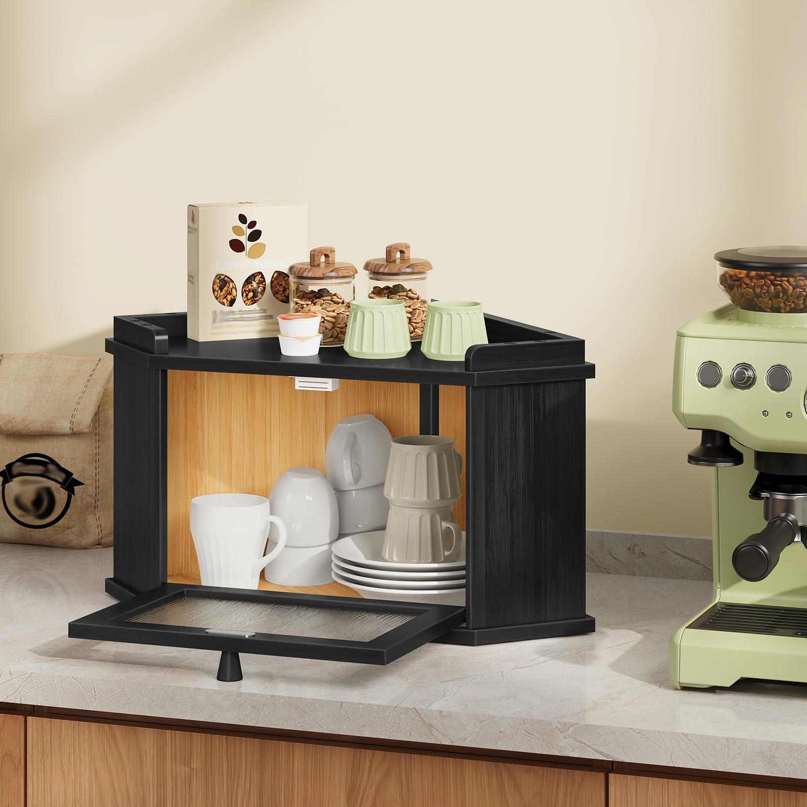 HOOBRO Panera Esquinera de Bambú con Diseño de Ondas de Agua, Caja de Almacenamiento de Pan, para Alimentos, para Cocina y Comedor, 32 x 32 x 24 cm, Negro EBK18MB01