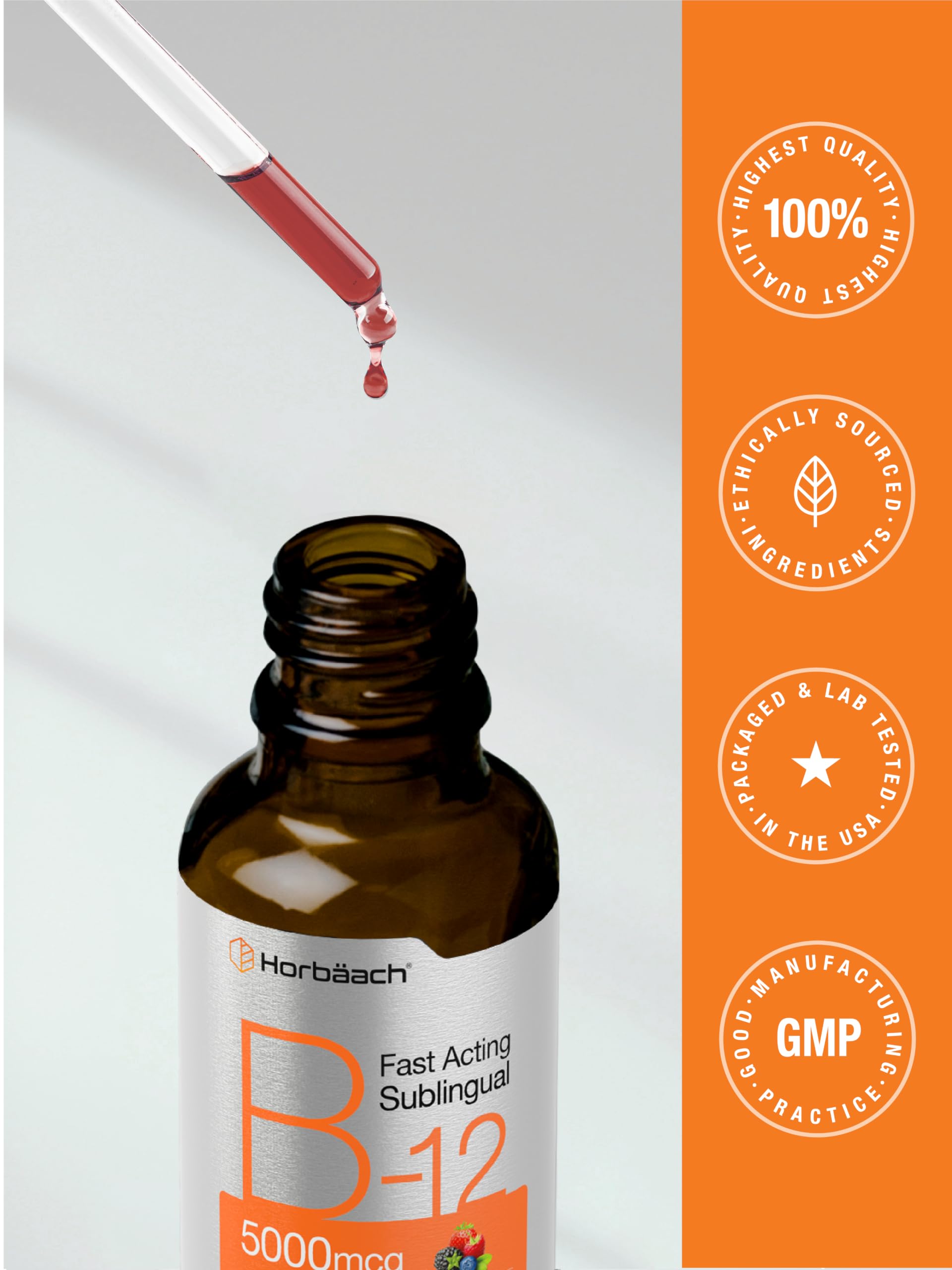 Horbaach B12 Vitamin 5000 mcg Sublingual | 4 Fl Oz | as Methylcobalamin and Cyanocobalamin | Liquid Vegetarian Drops | Berry Flavor | Non-GMO & Gluten Free Supplement — Amazon image 7