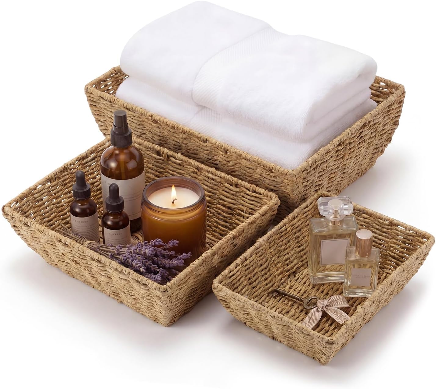 AceOrbit 3pcs Woven Baskets for Storage, Wicker Baskets for Organizing Handwoven 3-size Organizer Basket Storage Bins Container for Pantry Shelves Closet Toilet