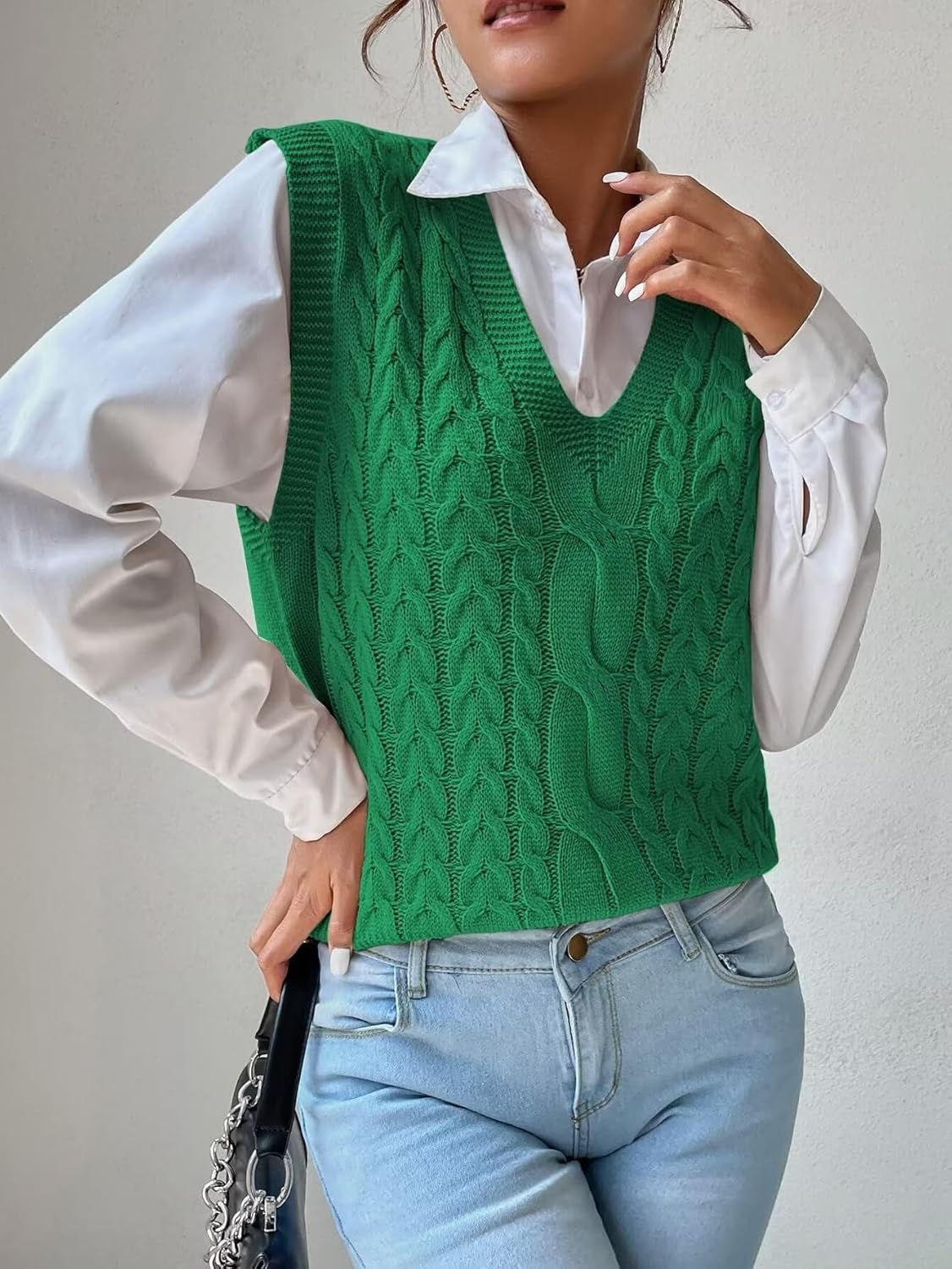 Womens Sweater Vest Cable Knit Casual V Neck Ribbed Preppy Pullover Tops Sleeveless - Image 3