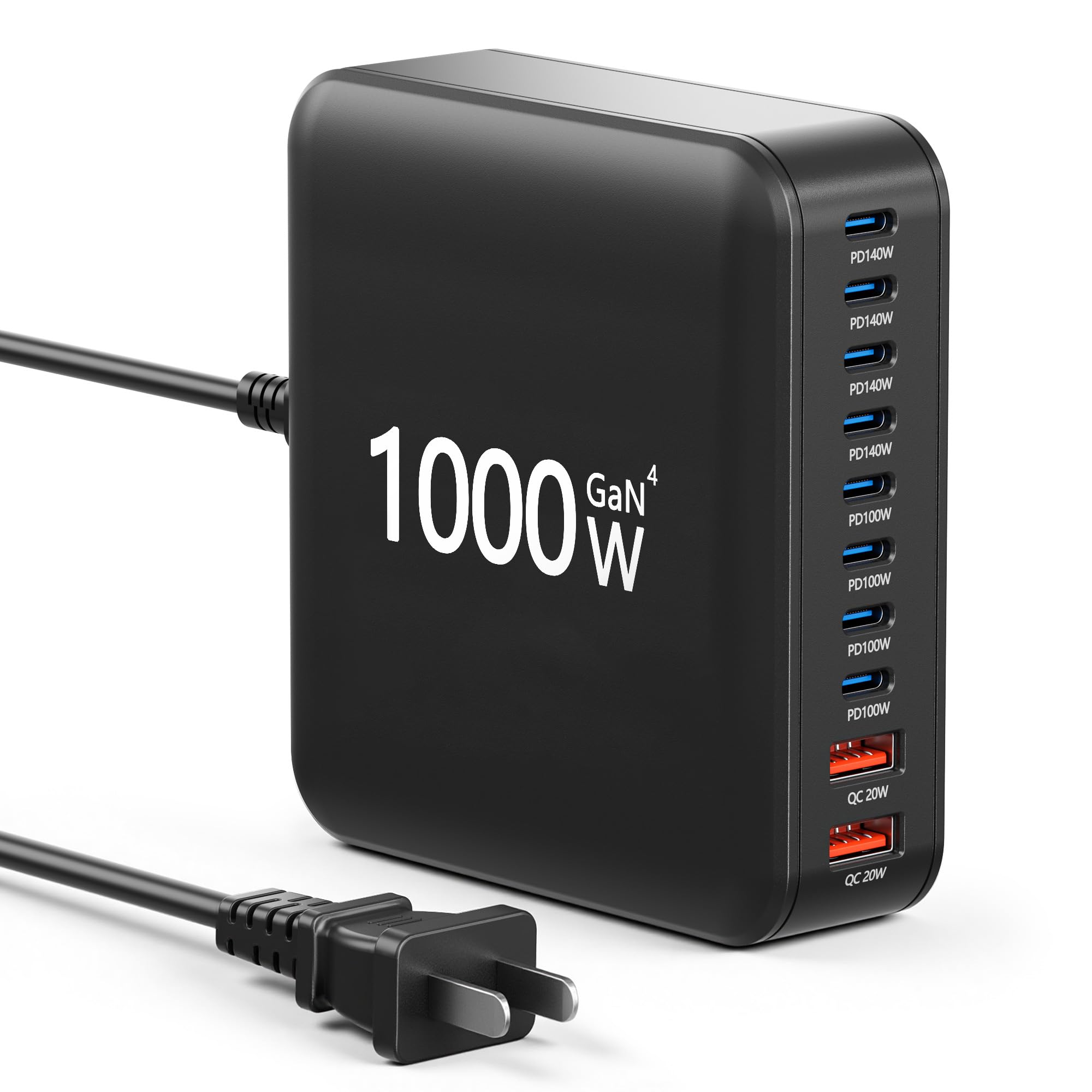 Station de charge USB C multiple 1000 W, bloc de chargeur GaN multi-USB, hub de charge de bureau à 10 ports, adaptateur d'alimentation multi-ports compatible avec MacBook Pro/Air/iPhone 17/16/Galaxy