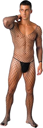 Jugaoge Mens Fishnet See Through Stockings Lingerie Sexy Full Body Bodysuits Lingerie Nightwear