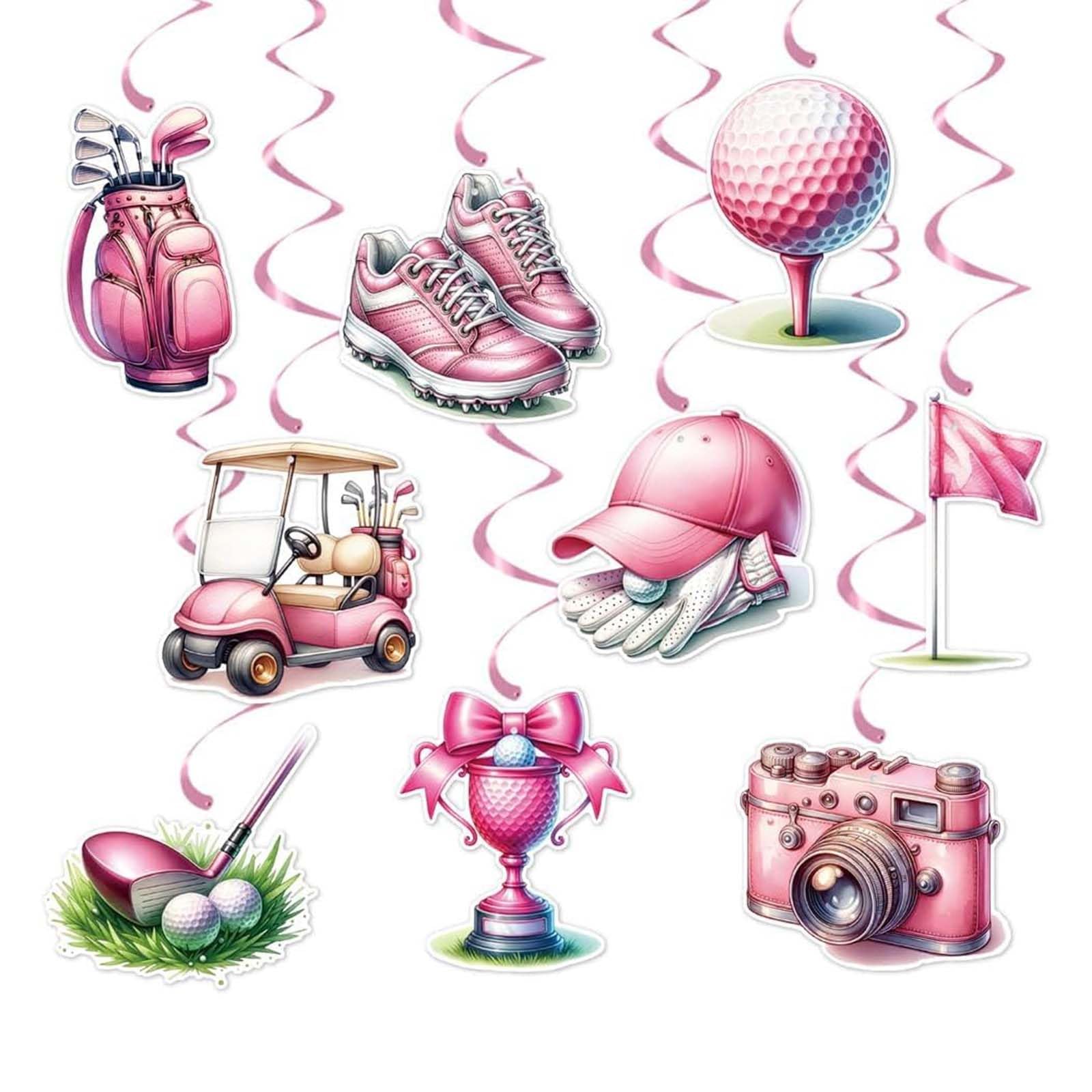 Różowe wiszące dekoracje golfowe, motyw golfa, zawijasy sufitowe dla kobiet i dziewcząt, urodziny, baby shower, wieczór panieński i artykuły na wieczór panieński, 9 szt