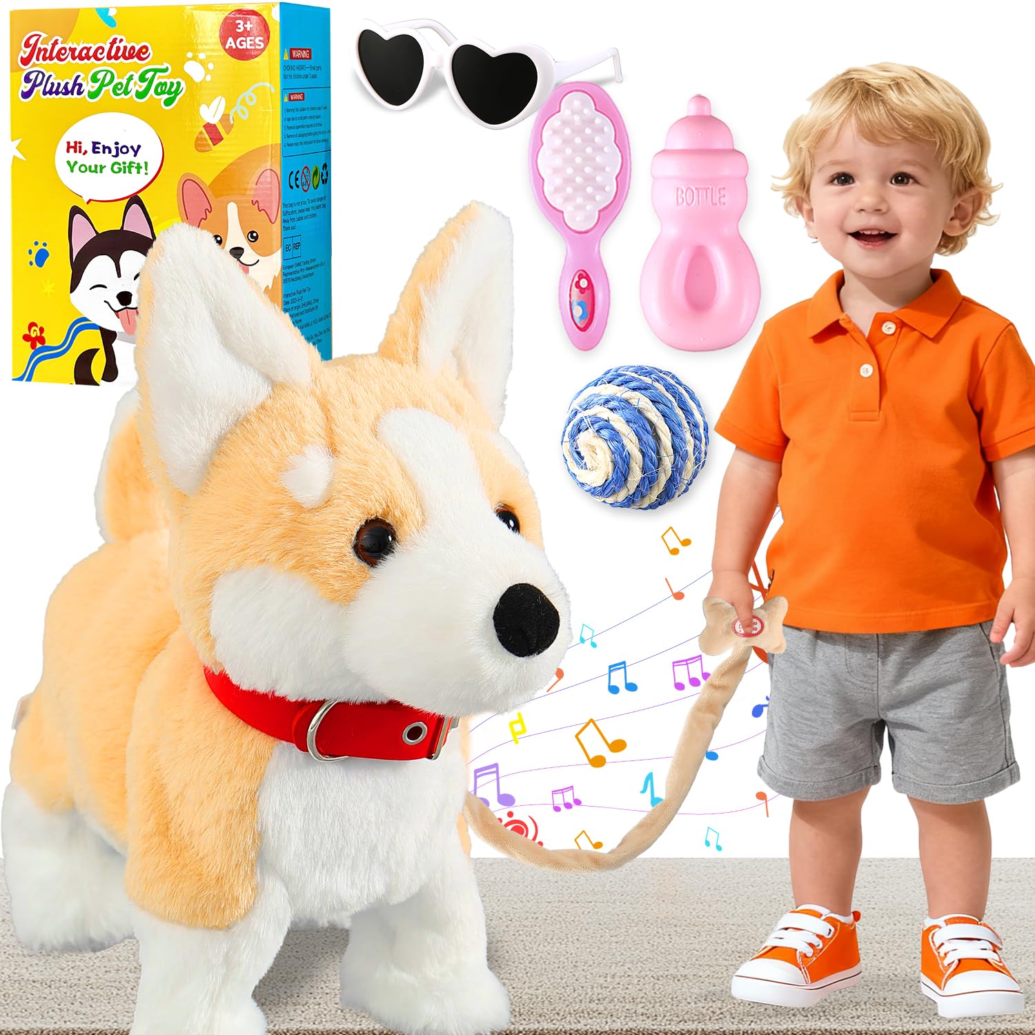 Corgi Walking Dog Barking Toy, Musical Singing Dancing Volume Control Interactive Puppy Walk Along with Leash, Wagging Tail Shaking Head, Electronic Dogs Stuffed Animal Puppy for Kid