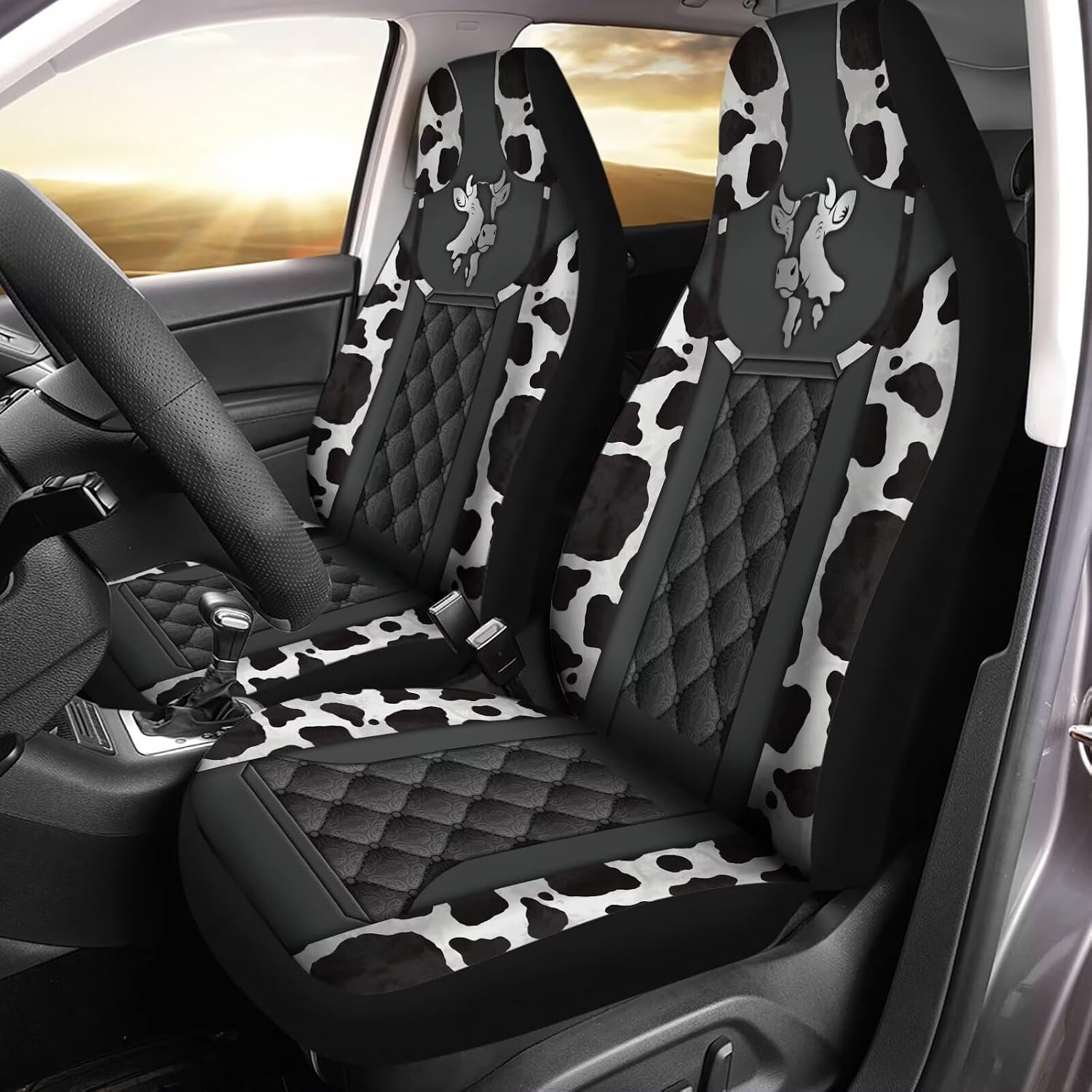 Sliver Cow Print Car Front Seat Cover Set of 2, Universal Fit, Made of Soft Polyester, Easy to Install