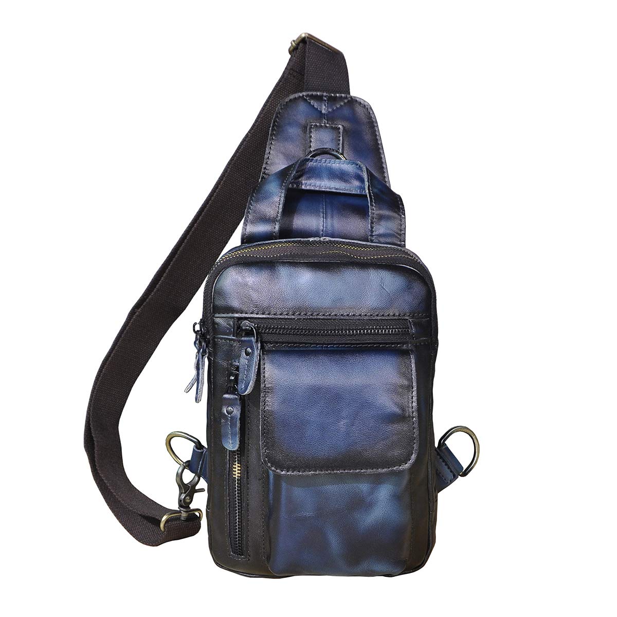 Le’aokuu Herren Echtes Leder Brusttasche Crossbody Bag Sling Bag Schultertasche Gurteltasche Umhängetasche Rucksack Brustbeutel Für Outdoor Sport Reisen B574 (B574 ciemnoniebieski)