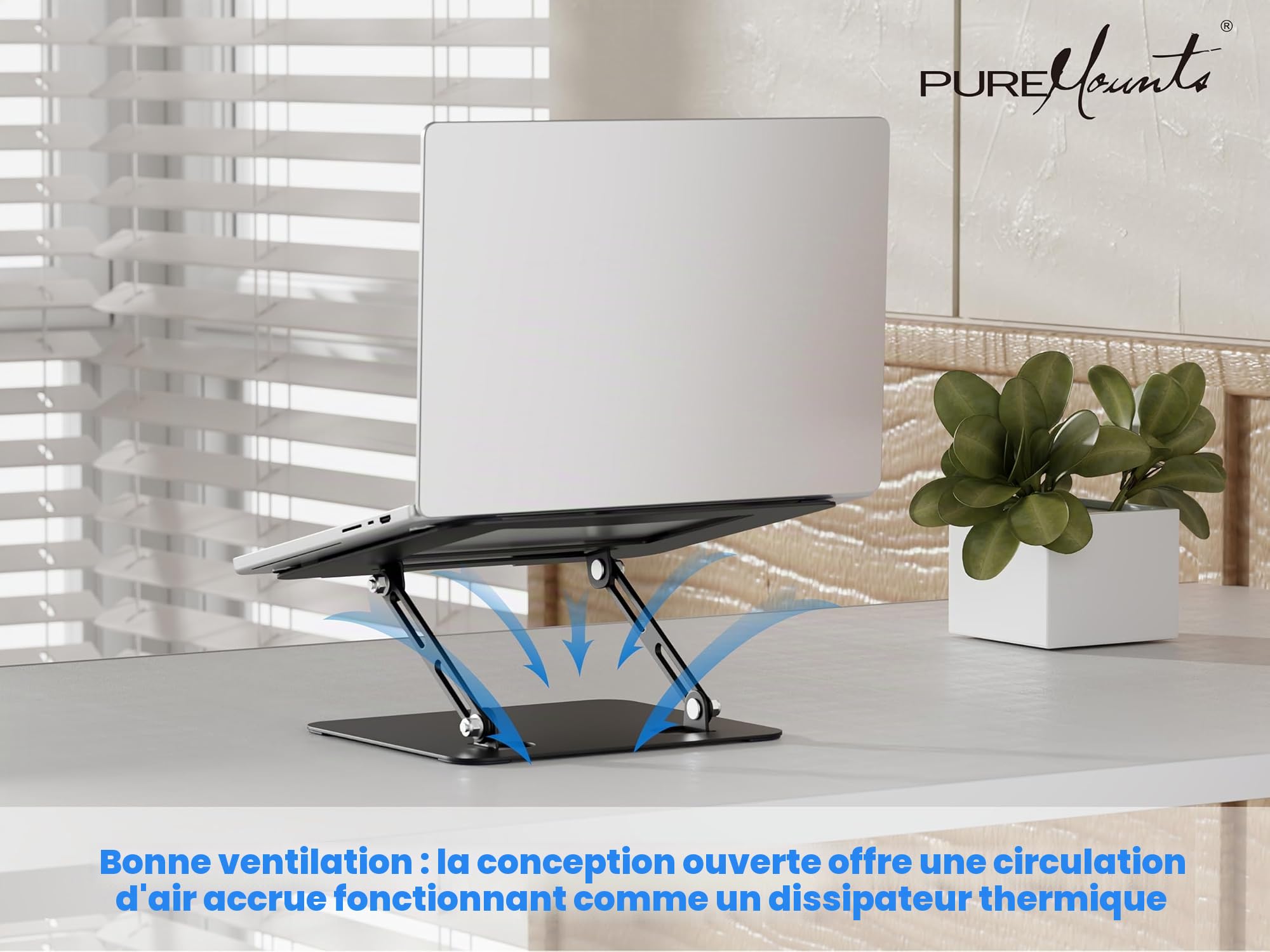 PureMounts Support Ordinateur Portable Réglable Hauteur Pliable Ergonomique Base Pivotante 360° Ventilation Patins Antidérapants Noir