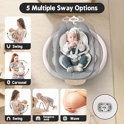 Miniatura 2 de Columpio eléctrico para bebés con control remoto, 5 movimientos y 4 velocidades, columpios para bebés con 8 canciones de cuna y asiento giratorio de