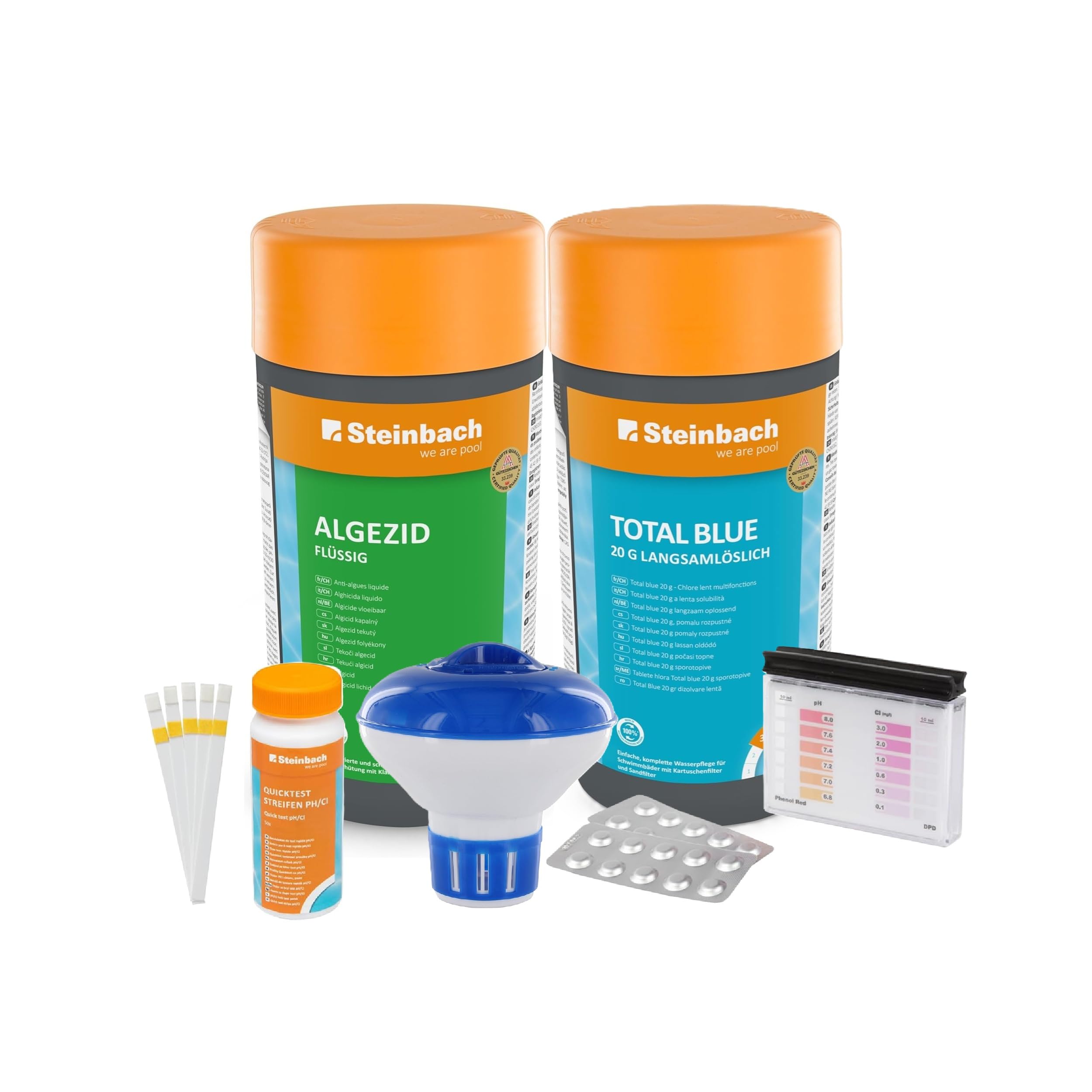 Steinbach | Poolpflege Starter Set | inkl. Algezid, Total Blue 20g, 50er Teststreifen Kit, Dosierschwimmer & Testkit für pH-Wert/Chlor | ideal zur Wasserkontrolle | Poolwasser sauber & kristallklar