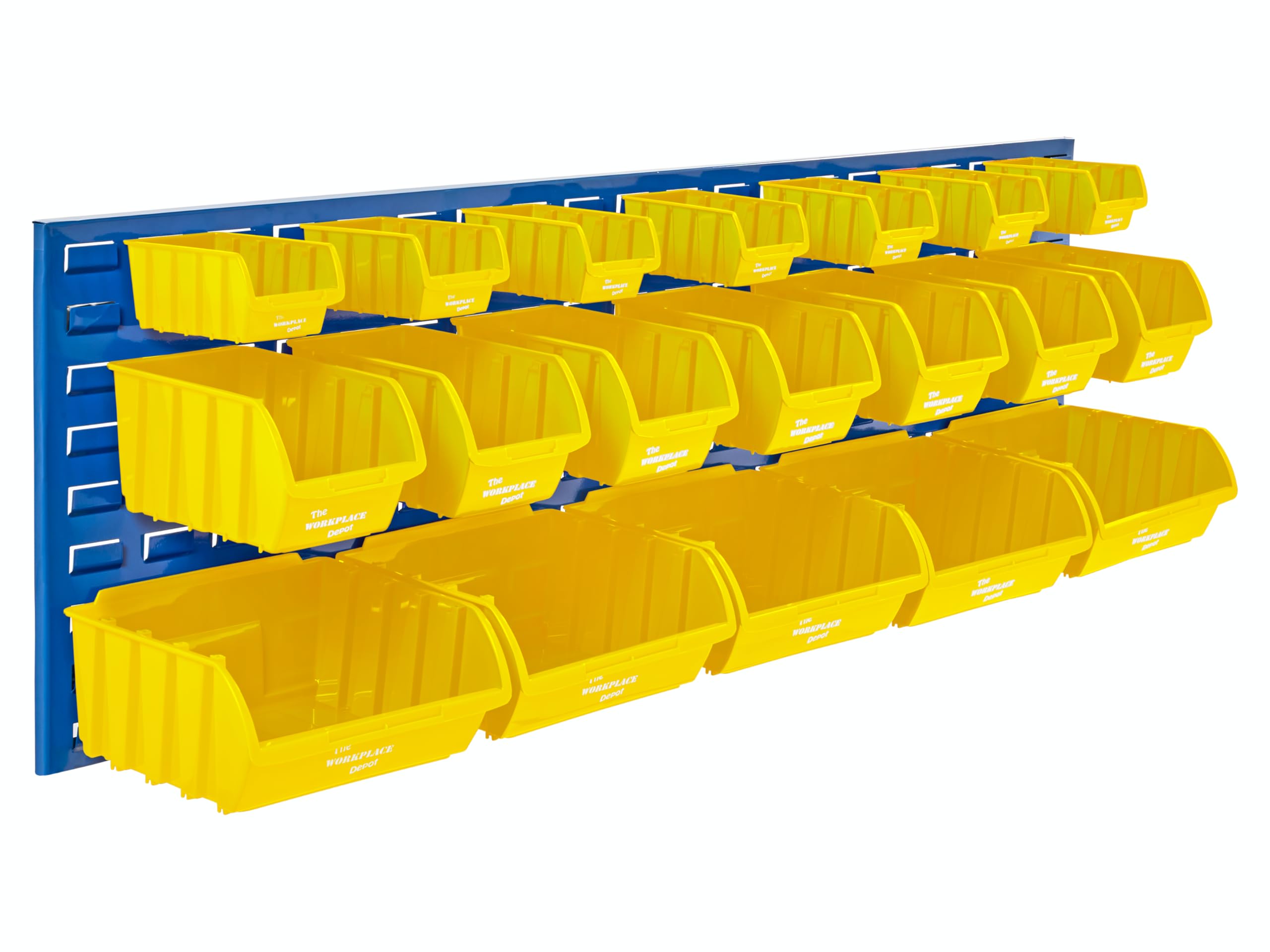 The Workplace Depot Louvre Panel & Bins Kit – Steel Wall-Mounted Storage Organiser 460(H) × 1490(W) mm with Plastic Bins – Ideal Workshop, Garage & Office (Yellow, with x19 Mixed Bins)
