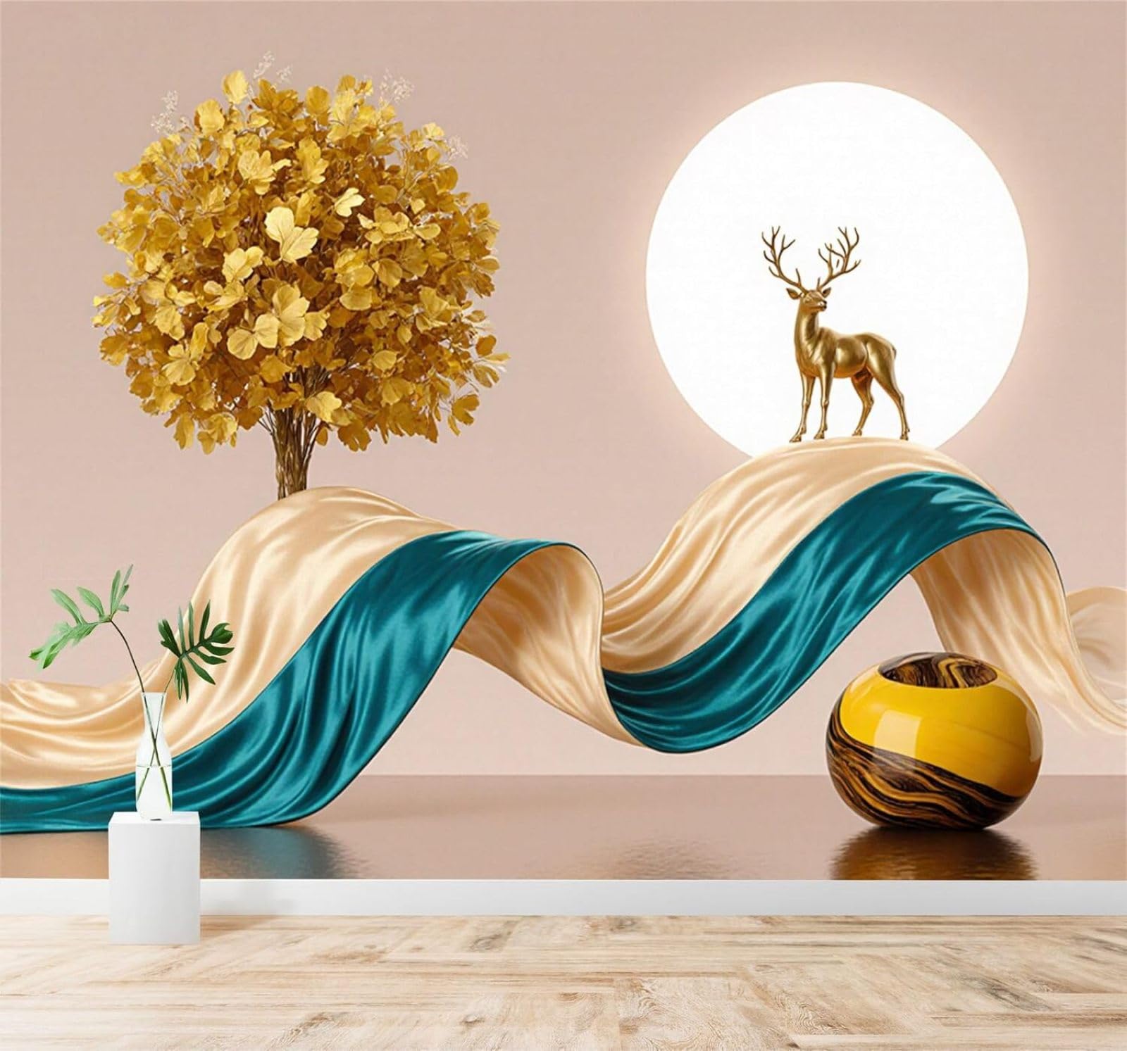 XLMING Golden Trees Golden Deer Ribbons Full Moon Landscape 3D Wallpaper Premium Textured Silk Study Dining Living Room Bedroom Sofa TV Wall Easy Install-350cm×256cm