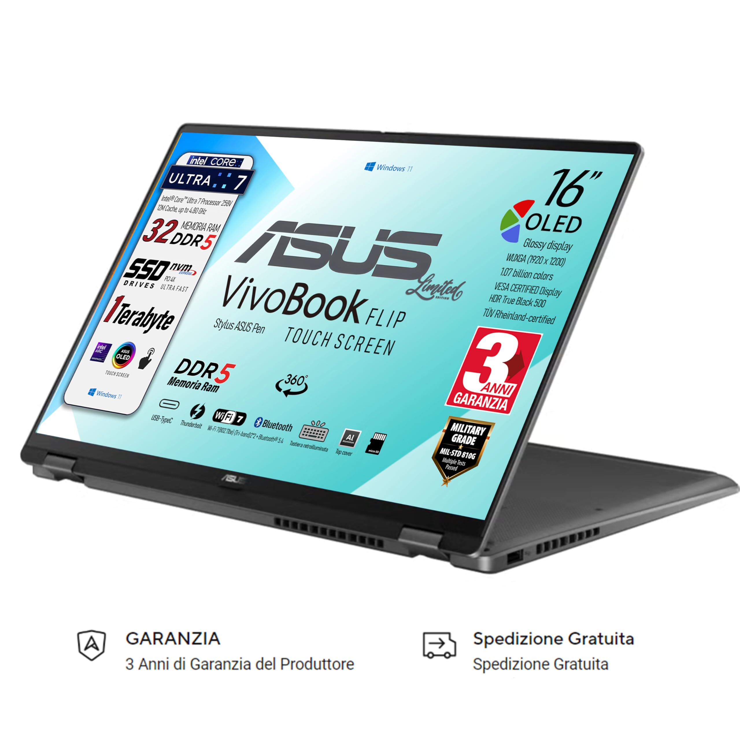 ASUS Vivobook 16 FLIP, Intel® Core™ Ultra 7 258V, Intel Arc Pro, Display OLED Touchscreen 16" WUXGA FHD+, DDR5 32Gb, SSD 1Tb, Win 11, Wi-Fi 7, bt 5.4, tastiera retroilluminata, Pen, Gar 3 Anni - 4