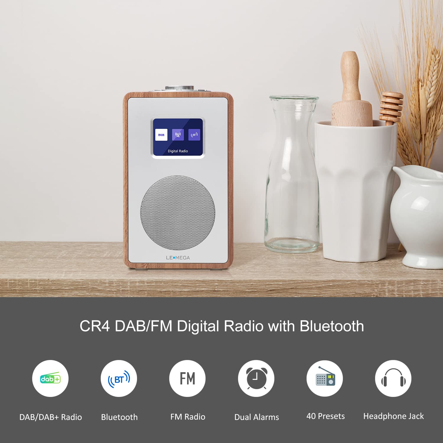 LEMEGA CR4 DAB/DAB+ und UKW Digitalradio,Bluetooth Lautsprecher, DAB Radio,Doppelwecker,Küchen/Schlaf/Snooze Timer,Farbdisplay,Kopfhöreranschluss,Holzoptik,Netzbetrieb - Walnuss