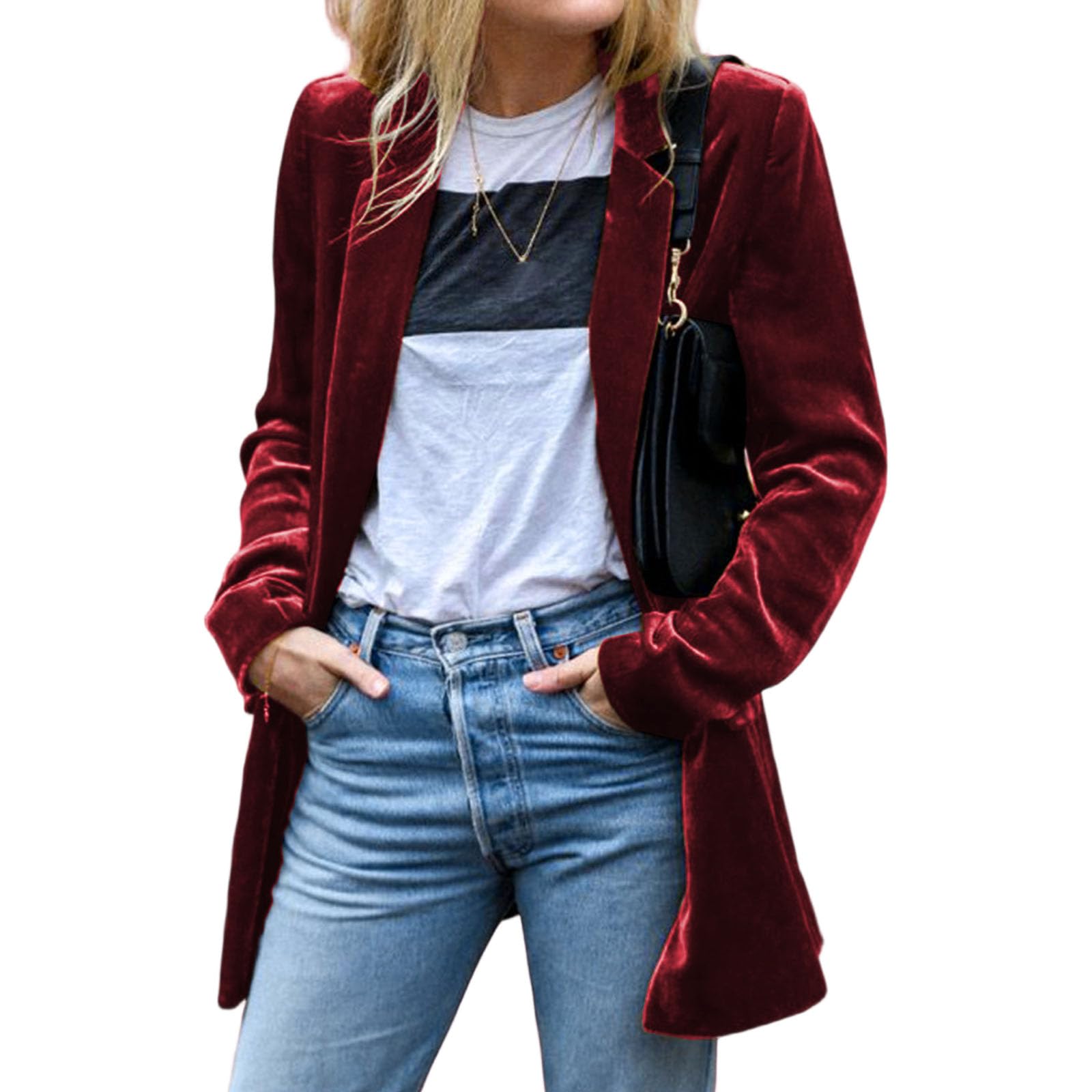 Womens Pocketed Velvet Blazer Jackets Long Sleeve Lapel Collar Blazer Suits Casual Work Outfits