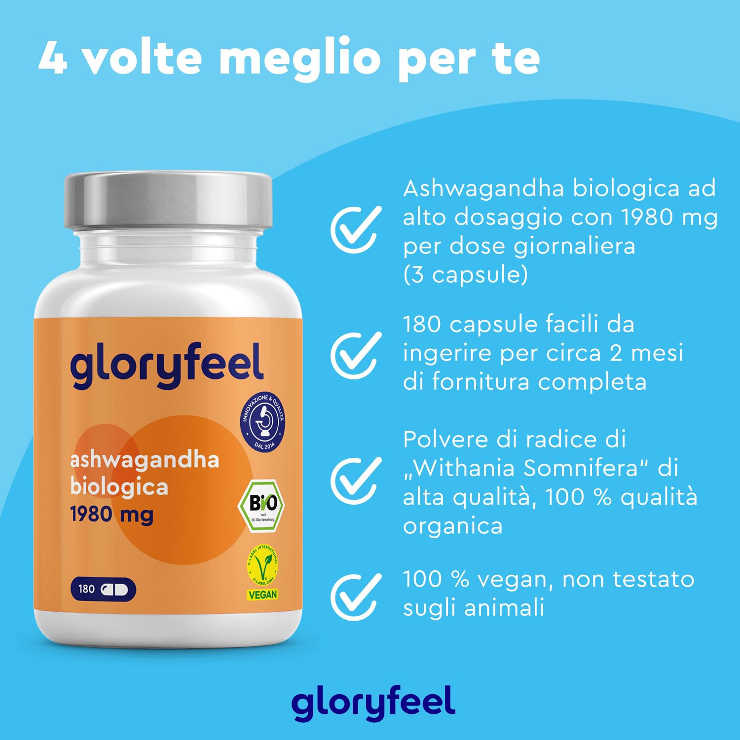 Ashwagandha Bio, 180 Capsule, Alto Dosaggio 1980mg, Ashwagandha Bio da Polvere di Ashwagandha, Vegan, Withania Somnifera Adattogeno Naturale, Rimedio Ayurvedico Stress & Mente, Testato in Laboratorio