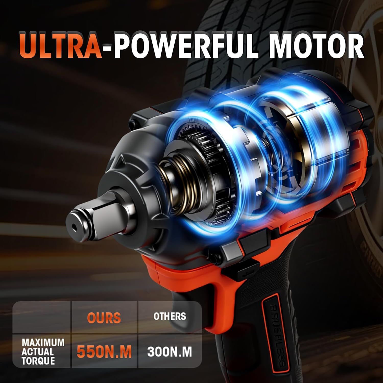 LLNDEI Cordless Impact Wrench 1/2 Inch, Power Impact Gun Kit, Max 550N.M/405Ft-lbs Hich Torque Electric Impact Driver,6 Drill Bits，4 Screwdriver Bits，3.0Ah Battery, 1 Charger, 5 Sockets with Tool Case