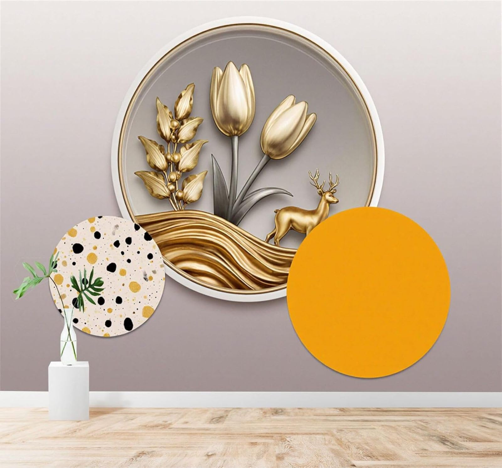 XLMING Golden Deer Tulips Abstract Circles Art 3D Wallpaper Premium Textured Silk Study Dining Living Room Bedroom Sofa TV Wall Easy Install-300cm×210cm