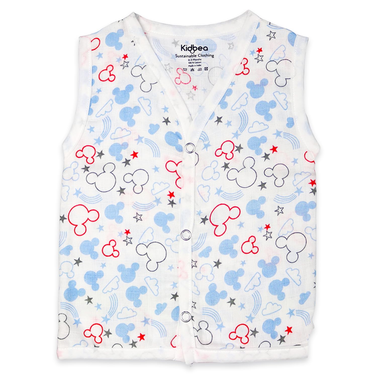 Kidbea Organic Cotton Muslin Button Jhabla | White Jhabla | for Boys & Girls | Summer Wear Jabala | Comfortable Baby Products | Sleeveless Vest | Assorted Pack of 3 With MultiColor & Size 3-6M - Image 4 thumbnail