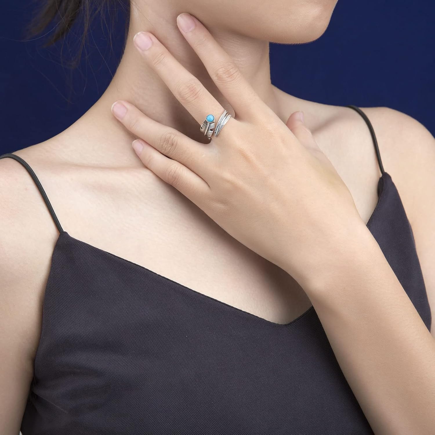 Feather Rings 925 Sterling Silver Turquoise Adjustable Ring/Vintage Goth Stainless Steel Feather Ring for Women Gift