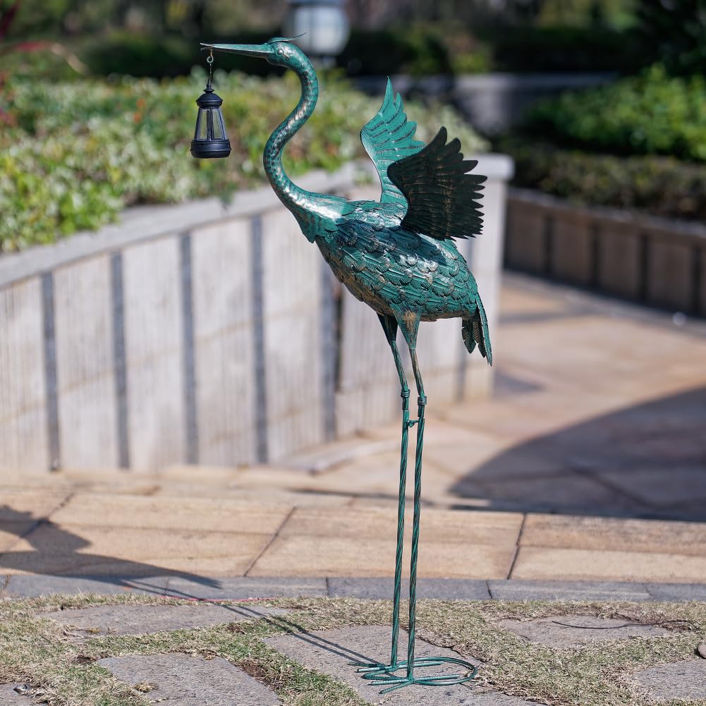 DREAMSOUL Statua da giardino a forma di airone, alta 102 cm, statua a forma di uccello, statue solari per esterni, decorazione per patio, piscina, prato