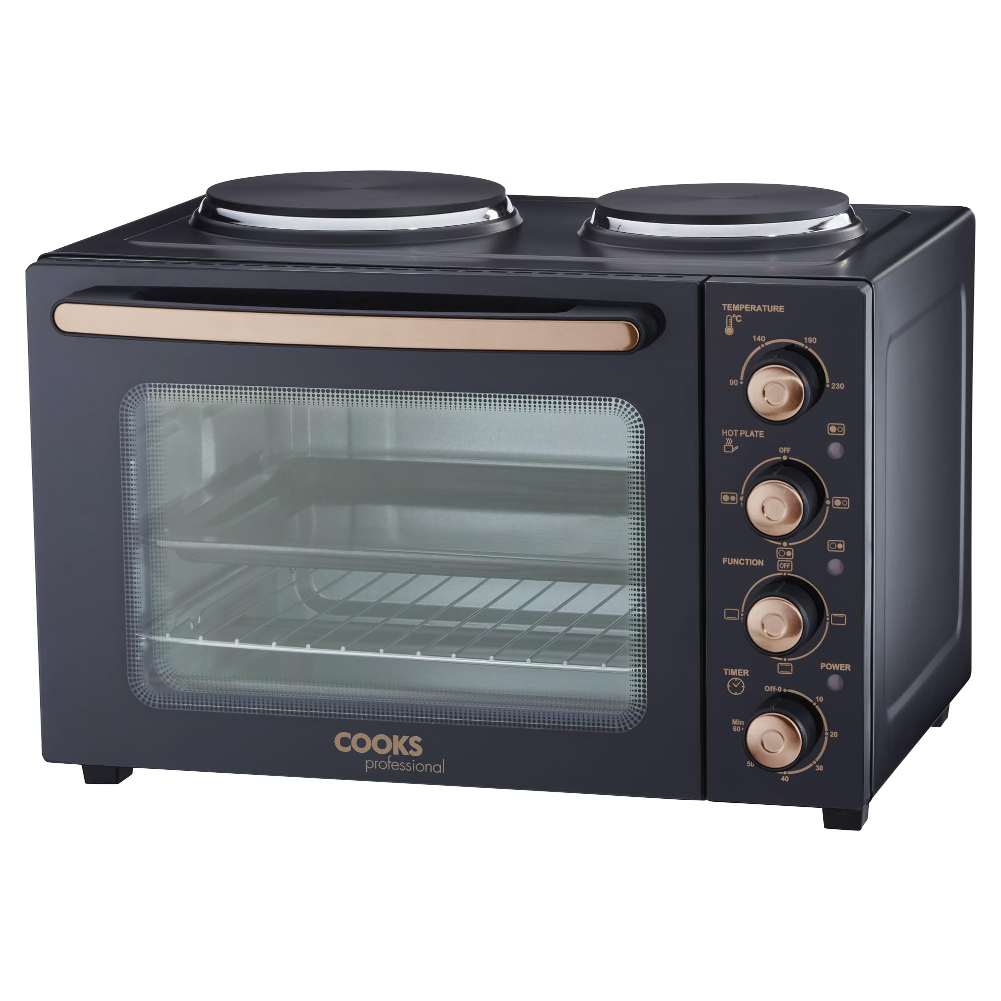 Cooks Professional Mini Portable Oven with Hobs | Energy Efficient Electric Countertop Cooker with Two Hot Plate Hobs & Wire Rack Baking Tray | Kitchen Table Ovens | 34L Capacity | Black and Copper