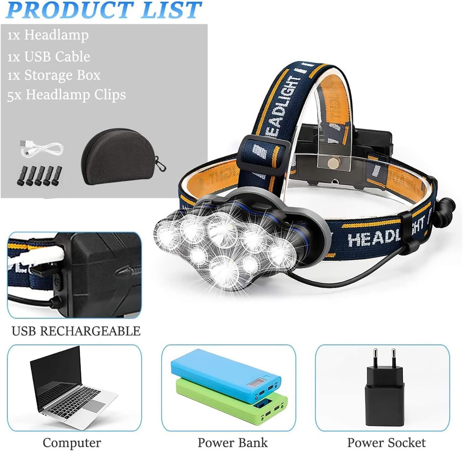 Rechargeable Headlamp, 8 LED Headlamp Flashlight 18000 Lumen 8 Modes with White Red Lights USB Cable, Waterproof Head Lamp for Outdoor Camping Cycling Running Fishing