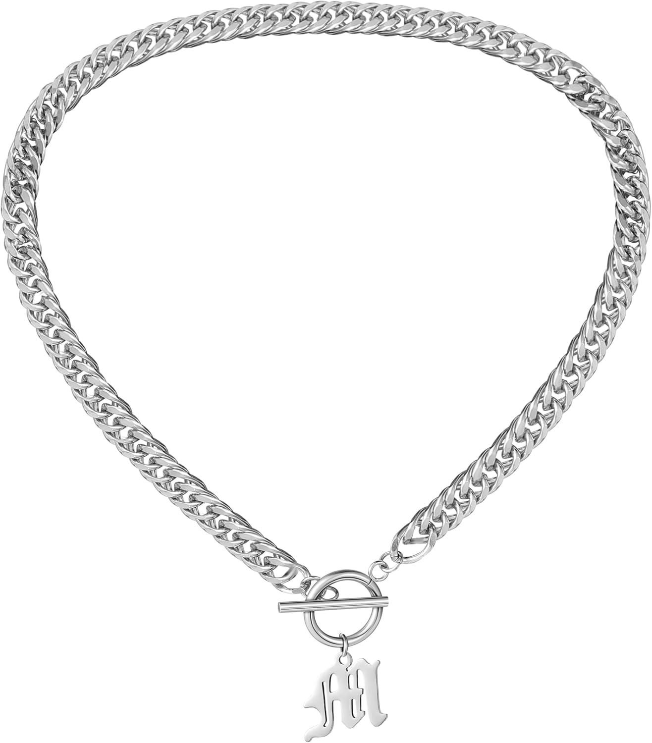 Chunky Old English Initial Choker Necklaces for Women Retro Letter Charm Curb Chain Statement Necklace for Men Unisex 15” - Image 2