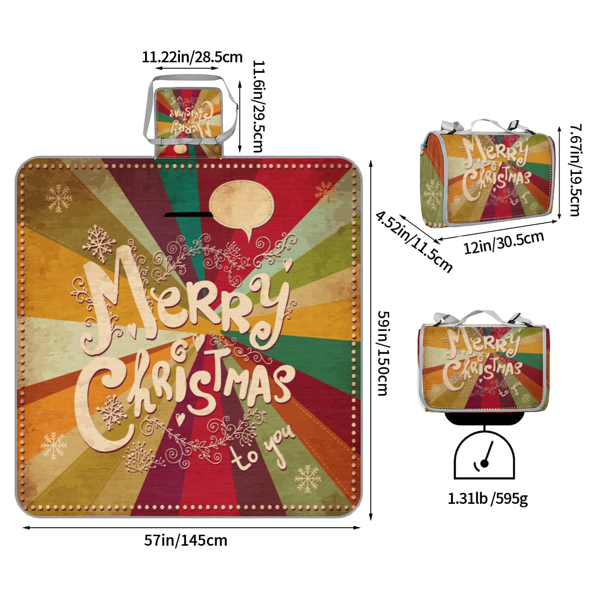 Shimoshe Picnic Blankets 57”x 59”, Retro Merry Christmas Waterproof Sandproof Picnic Mat Lightweight Foldable Beach Blanket for Camping Park Grass Beach Outdoor Blanket