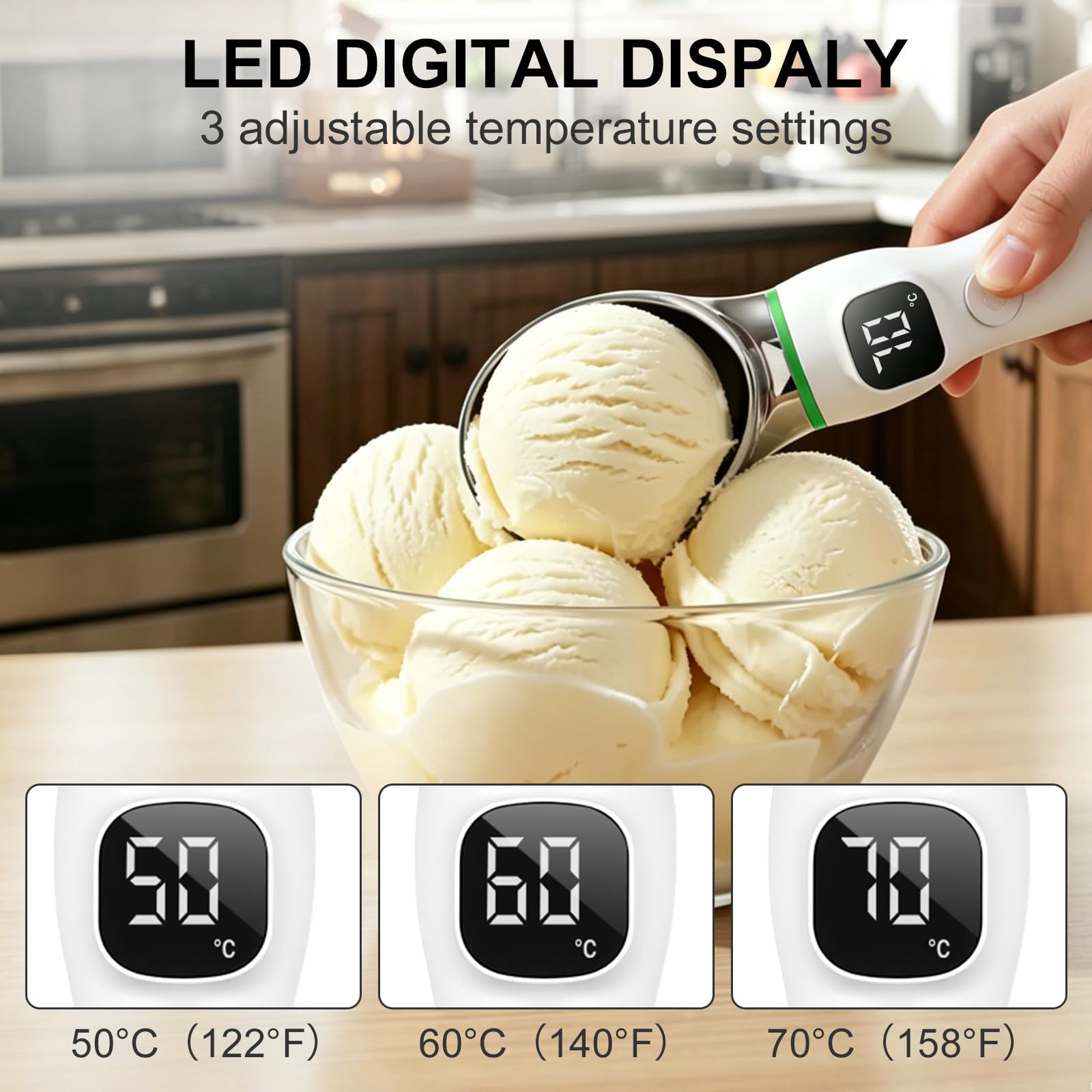 Cuillère à glace chauffante rechargeable, 4 000 mAh, avec affichage LED, 3 températures jusqu'à 70 °C, poignée ergonomique, cuillère étanche pour crème glacée dure (blanc)