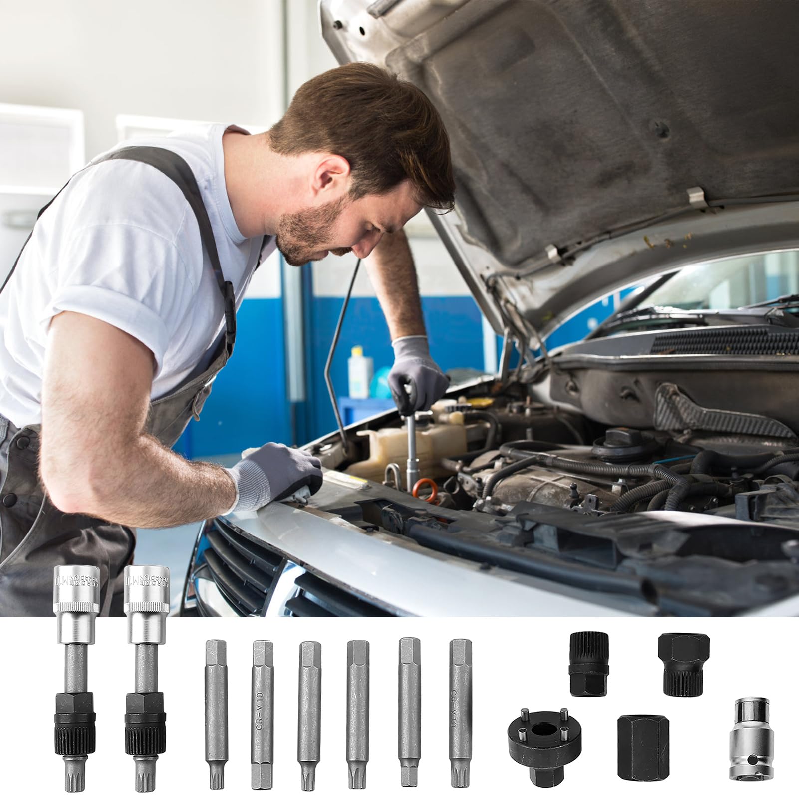 13 Pezzi Set di Attrezzi e Terminali per Chiavi a Bussola, Chiavi Smontaggio Puleggia e Alternatore Motore Auto, Kit di Riparazione Auto per Smontaggio e Montaggio