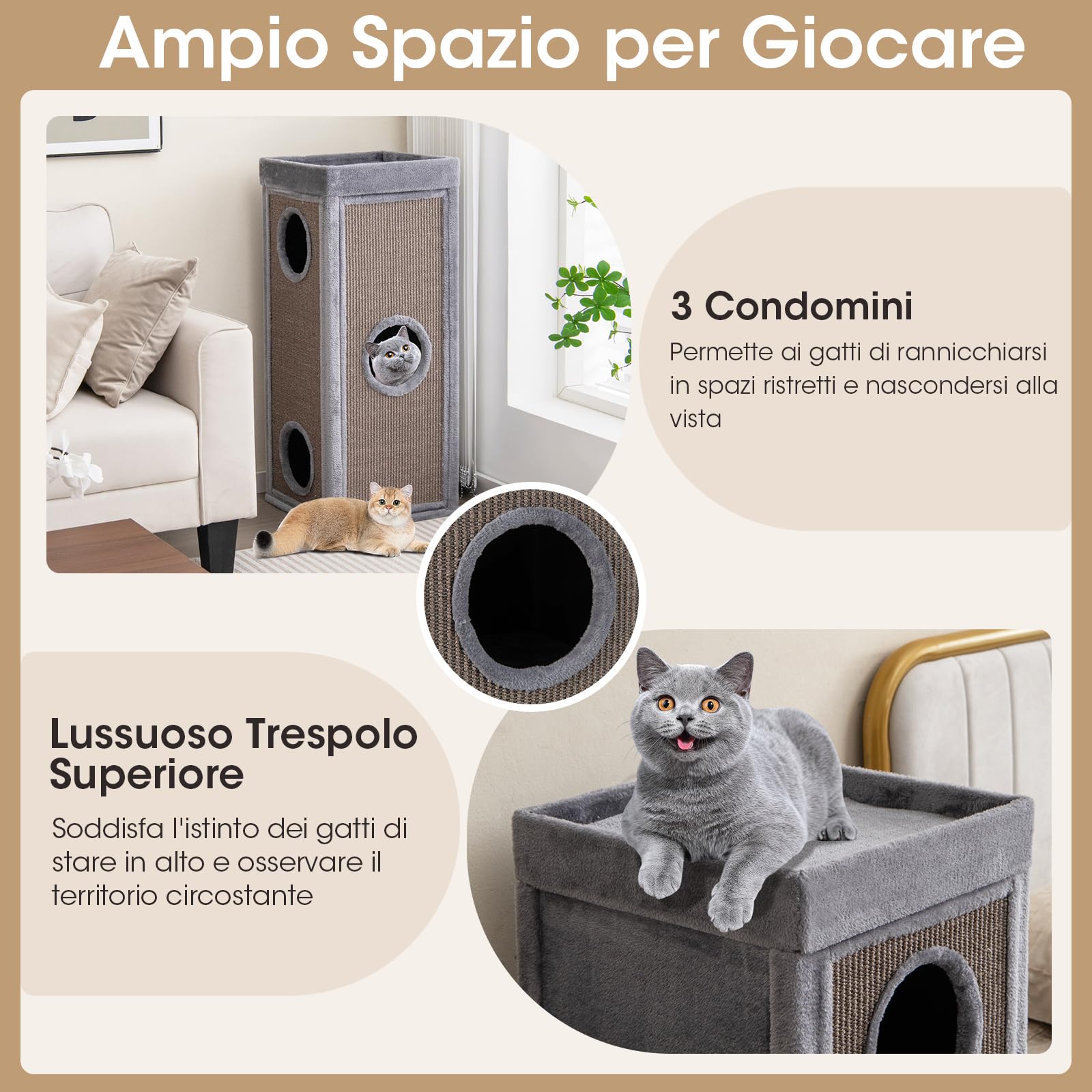 GYMAX Casa per Gatti con 3 Ingressi, Torre Tiragraffi con Pannelli Tiragraffi in Sisal, Letto Superiore con Cuscino Rimovibile, per Gatti a 4 Livelli per Camere da Letto