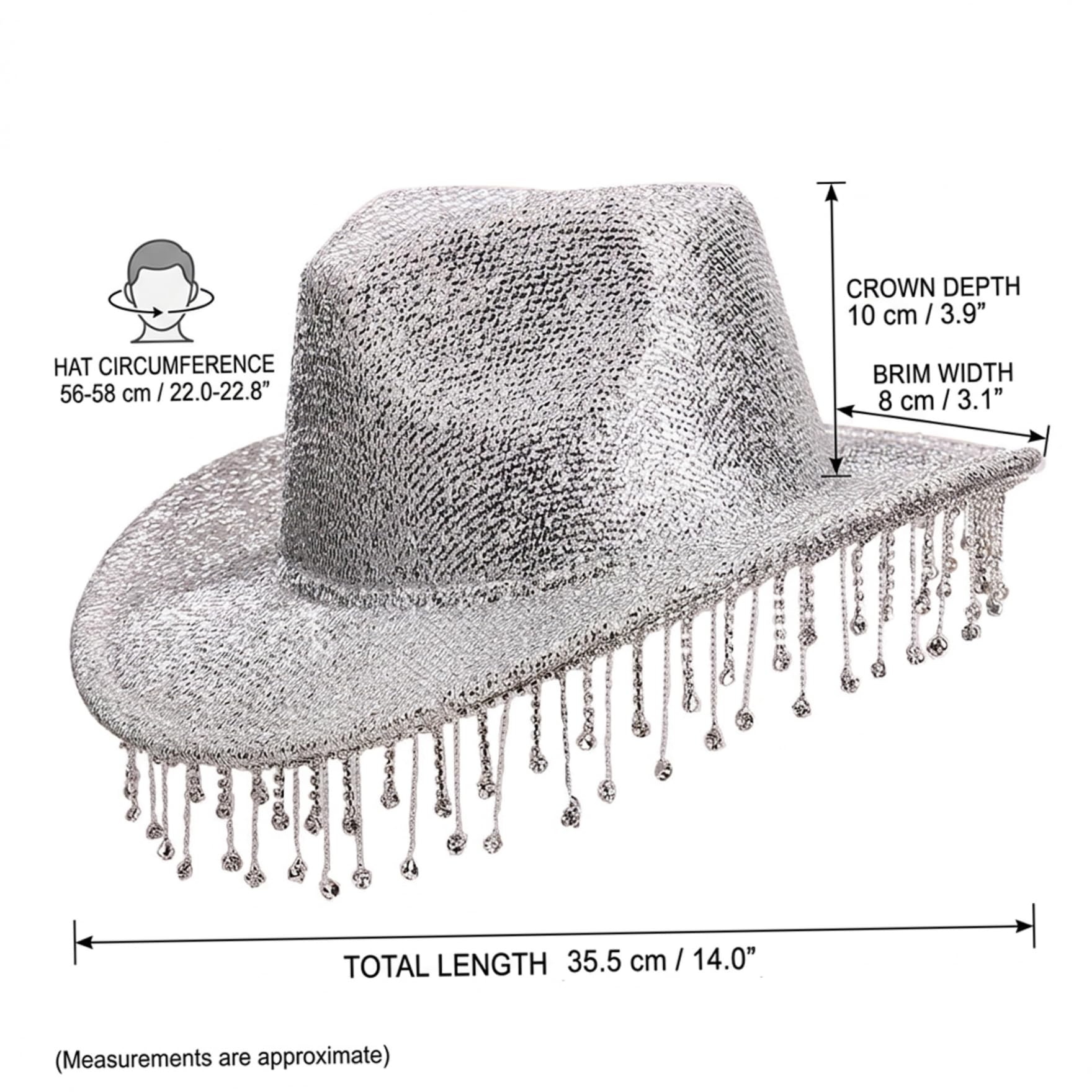 Sombrero de Vaquera con Diamantes de Imitación Sombrero de Vaquero Ajustable con Purpurina Plateada con Purpurina y Borlas Ideal para Mujer Gorra Occidental Liviana Ideal para Eventos al Aire Libre