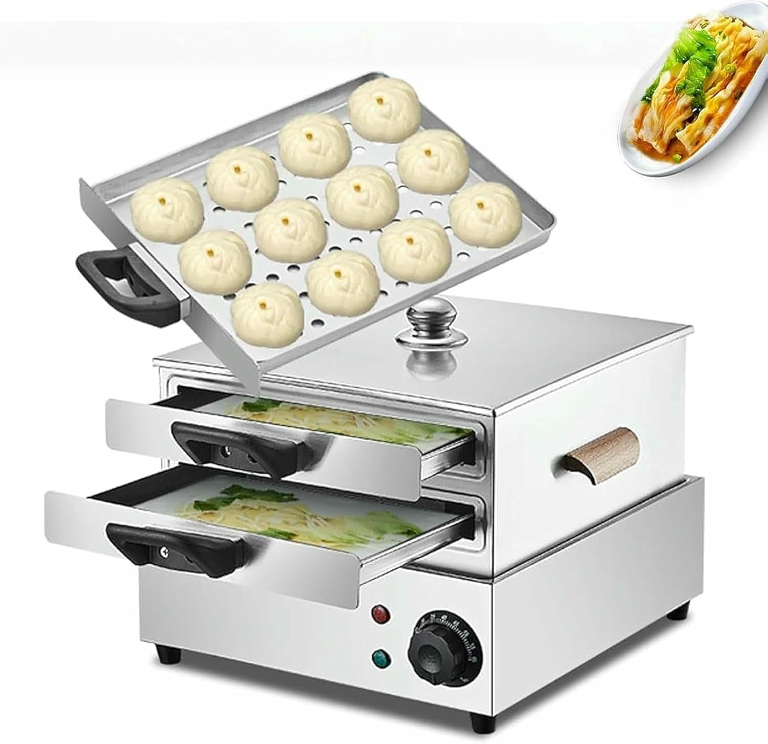 Rice Rolls Machine, Hot Dog Steamer and Bun Warmer with Extra Stainless Steel Steam Tray and Handle, Cantonese Rice Noodle Rolls Machine for Chinese Cheung Fun