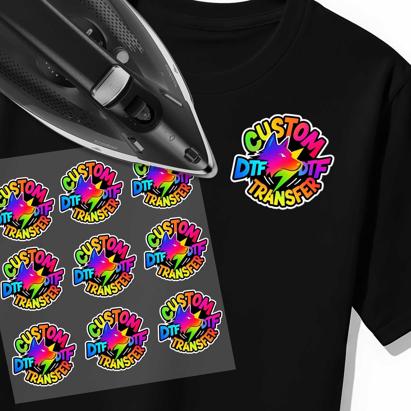 9 Pcs Custom Iron on Transfers 4 in x 4 in Your Logo Personalized Customer for T-Shirts Chest Logo Iron on Decals Heat Transfer Sticker for Clothes DTF Transfer Ready