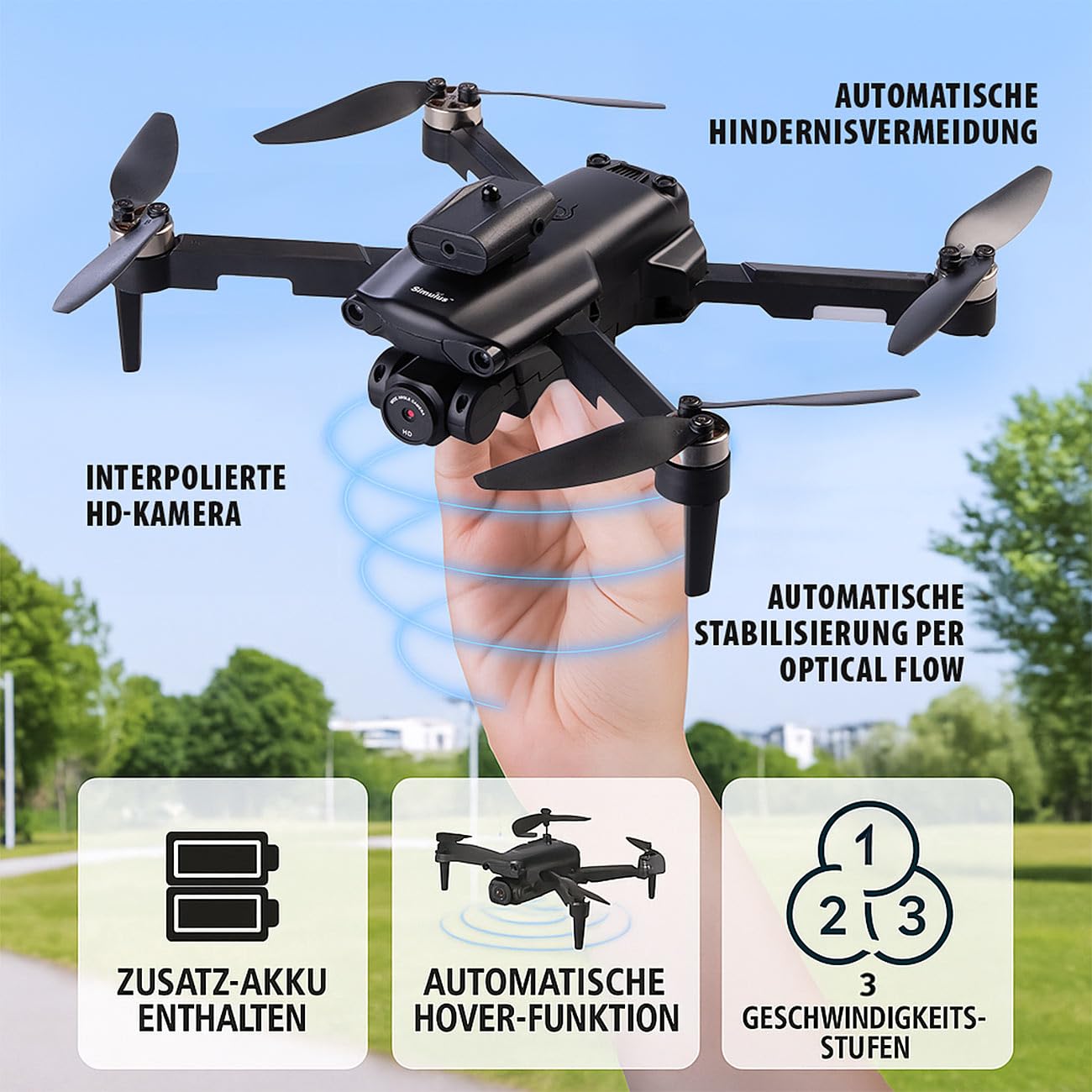 Simulus Quadrocopter: Faltbare RC-WLAN-Drohne mit HD-Kamera und Hindernisvermeidung (Drohne Quadrocopter, Faltbare Quadcopter, LED)