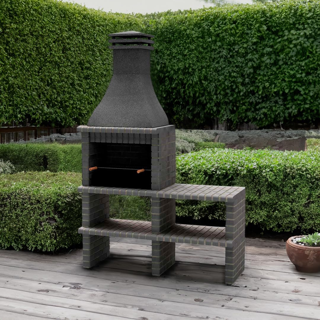 MOVELAR - Barbacoa de Obra Prefabricada para Leña y Carbón Modelo BBQ KHIVA PLUS CON CABALLETE LATERAL COMPLETO Y CON PARRILLA (Gris oscuro - 164 x 58 x 246 cm) REF: M01024 - Uso en Exteriores