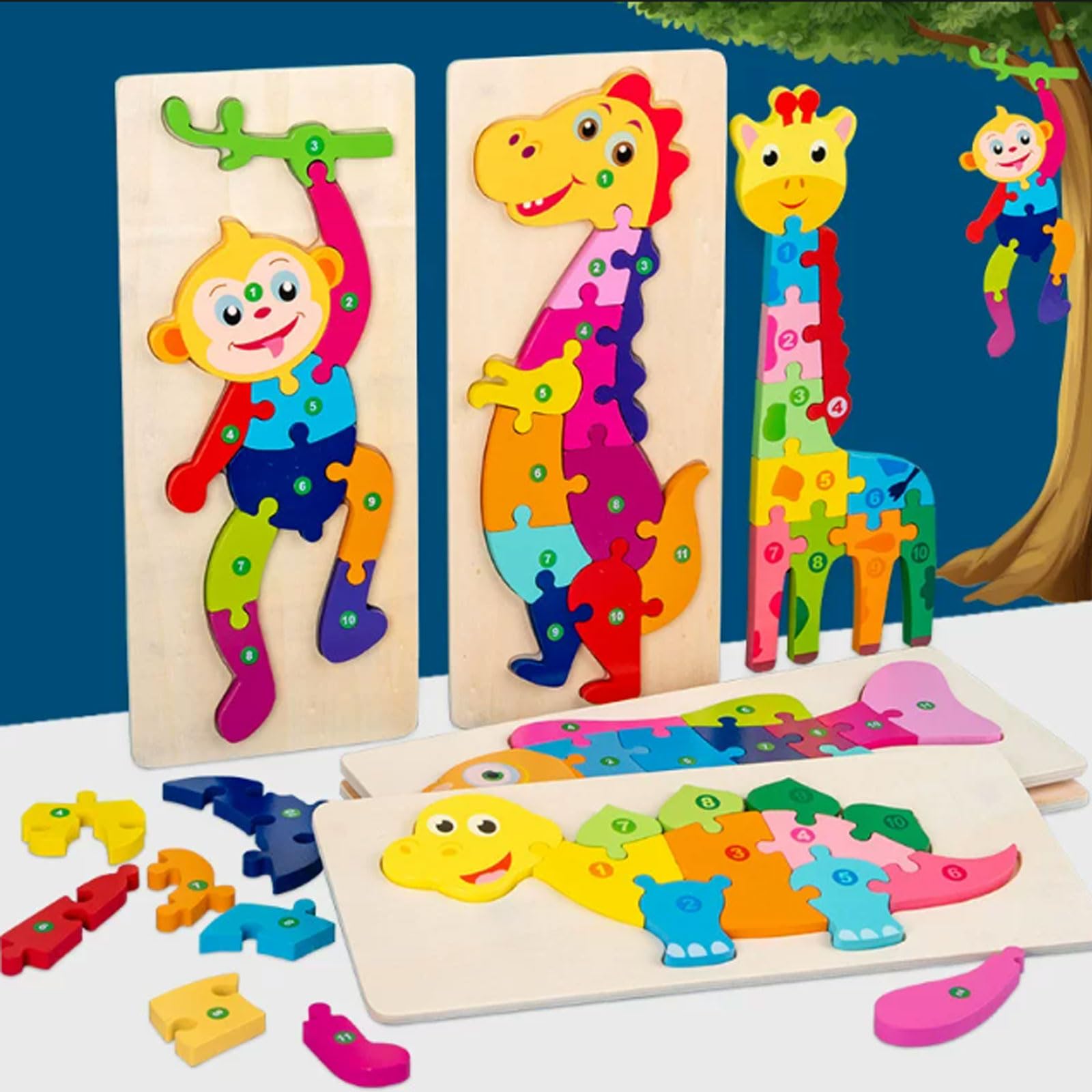 Puzzle 3D in Legno Montessori di Animali e Personaggi | Blocchi Educativi Precoce, Puzzle Giocattoli a Figure di Cartone con Dinosauro, Giraffa, Scimmia, Coniglio, Essere Umano