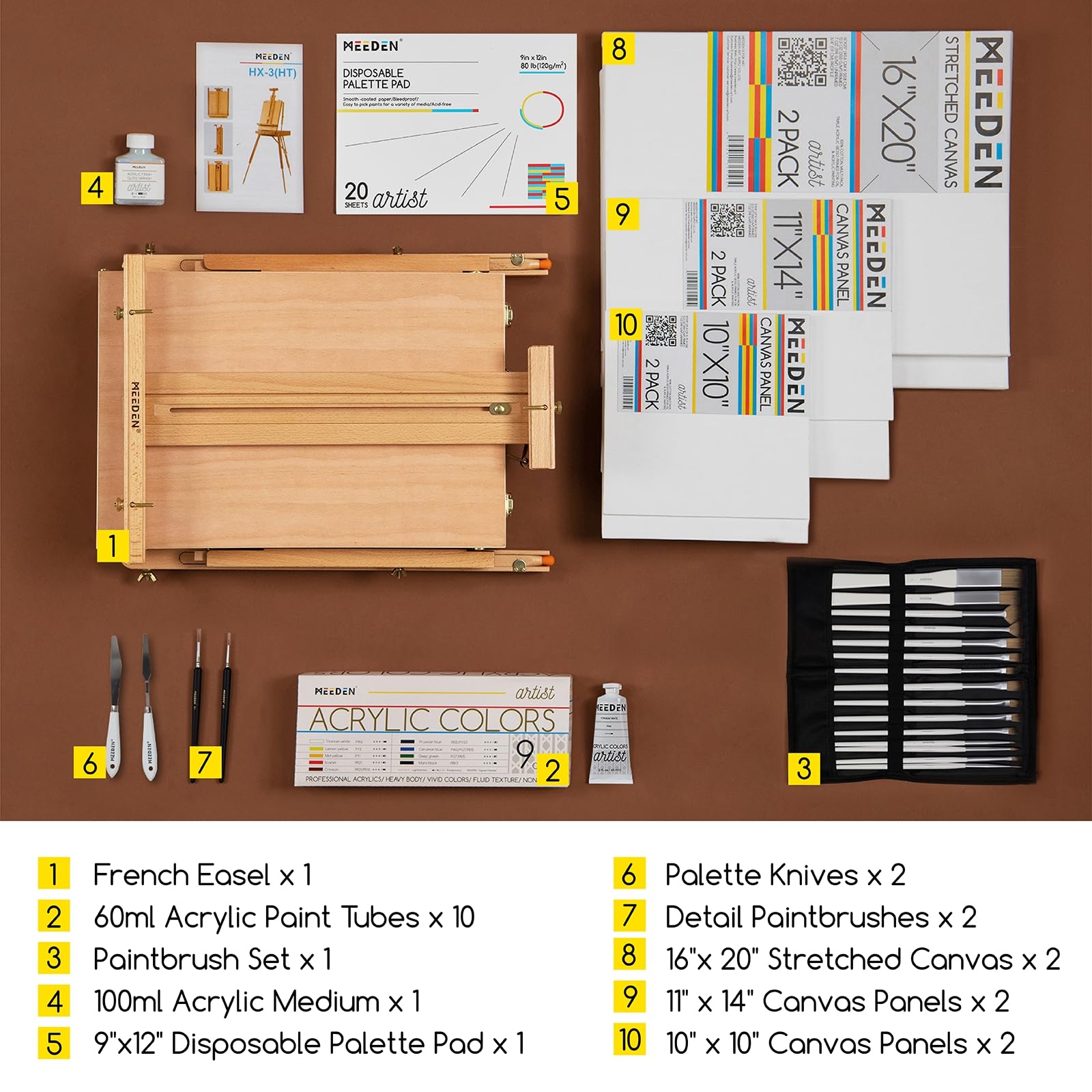 MEEDEN Staffelei Holz Groß, Kofferstaffelei Staffelei Set mit Acryl-Farben, Pinsel-Set, Leinwände,Palette, Tischstaffelei Leinwand Ständer für Künstler und Erwachsene, hält Leinwände bis zu 86cm