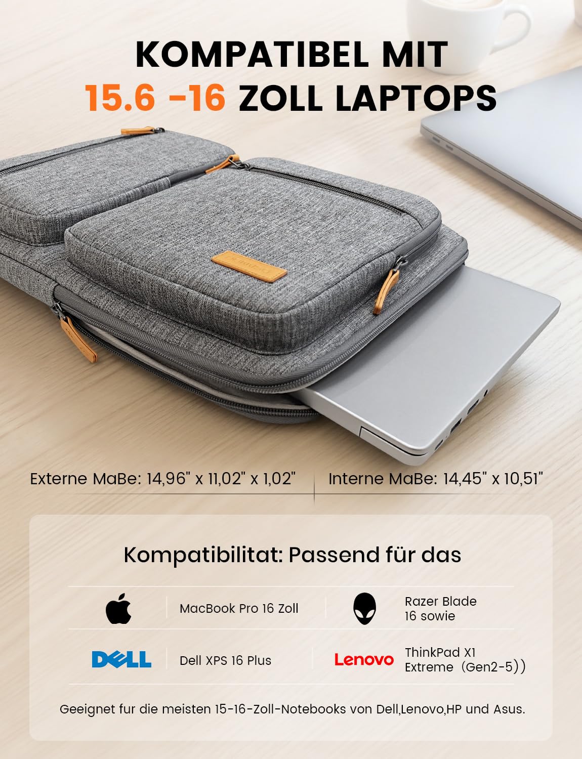 DOMISO Funda para Portatil Ordenador 15.6 Pulgadas,MacBook Pro M4 M3 M2 2025/Pro Max,Protección Bolsa para 15-16 Pulgadas Lenovo,HP,Dell,Asus Chromebook,Laptop PC Case Sleeve,con Tirantes，Gris