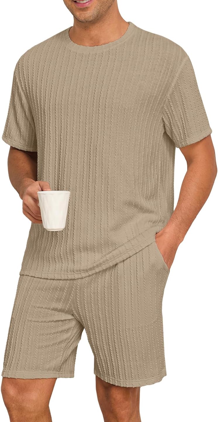 PrinStory Mens Pajamas Set Summer Pjs Sets Lightweight Short Sleeve Pajama Shorts Set Soft Sleepwear Loungewear with Pockets