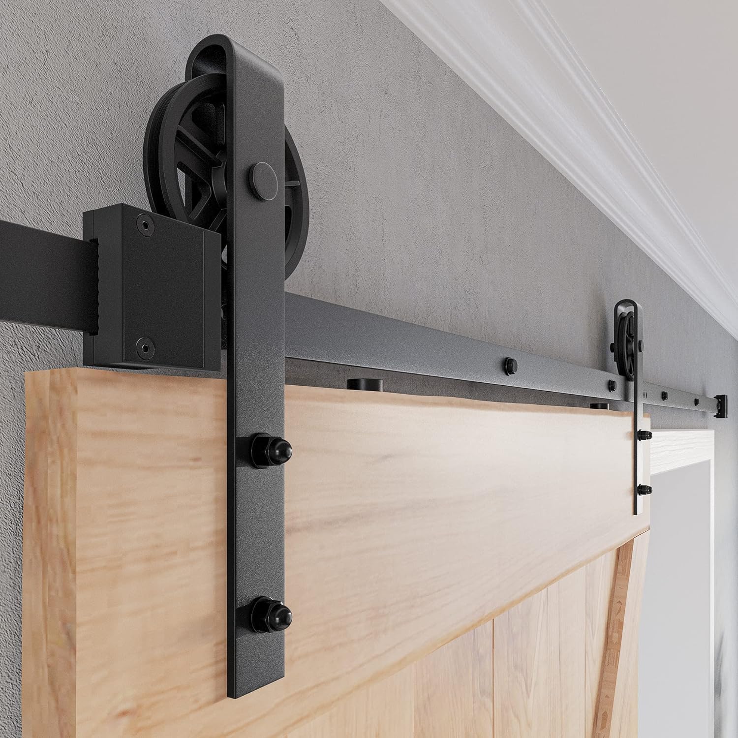 SMARTSTANDARD 8 FT Heavy Duty Sliding Barn Door Hardware Kit, 4FT - 18FT, Black, Smoothly and Quietly, Simple and Easy to Install, Fit 42"- 48" Wide Door Panel (Industrial Bigwheel Hangers)