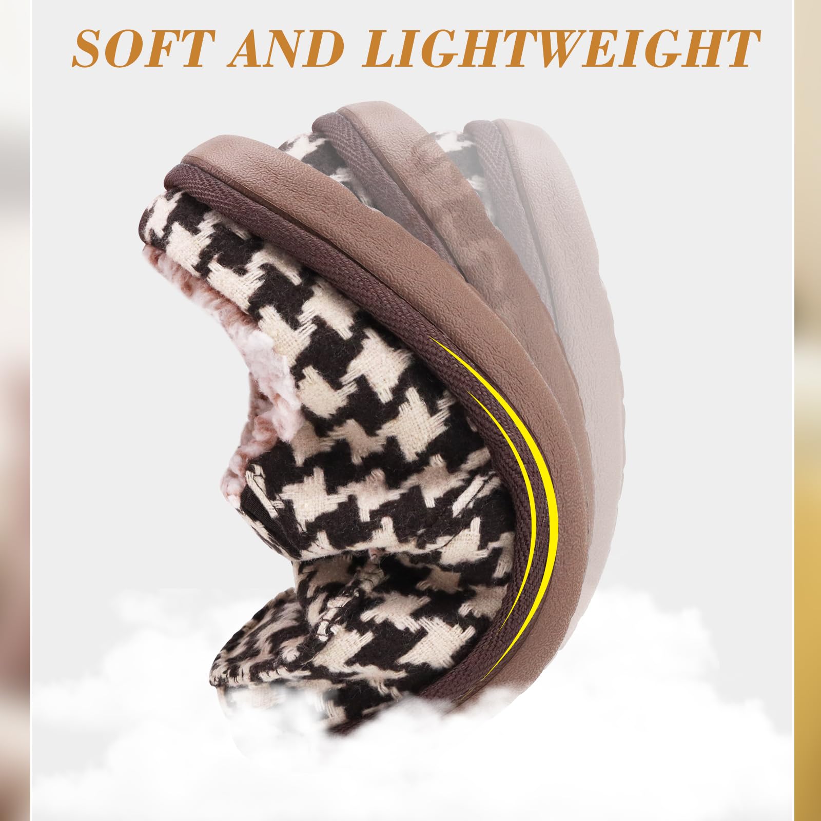 ONCAI Pantofole Donna Peluche Tessuto di Lana Houndstooth Misto Cotone Morbido Memory Foam Comode Plaid Pelliccia sintetica Ciabatte da casa Interno Esterno Tappetino Yoga Suola di Gomma Taglie 35-42