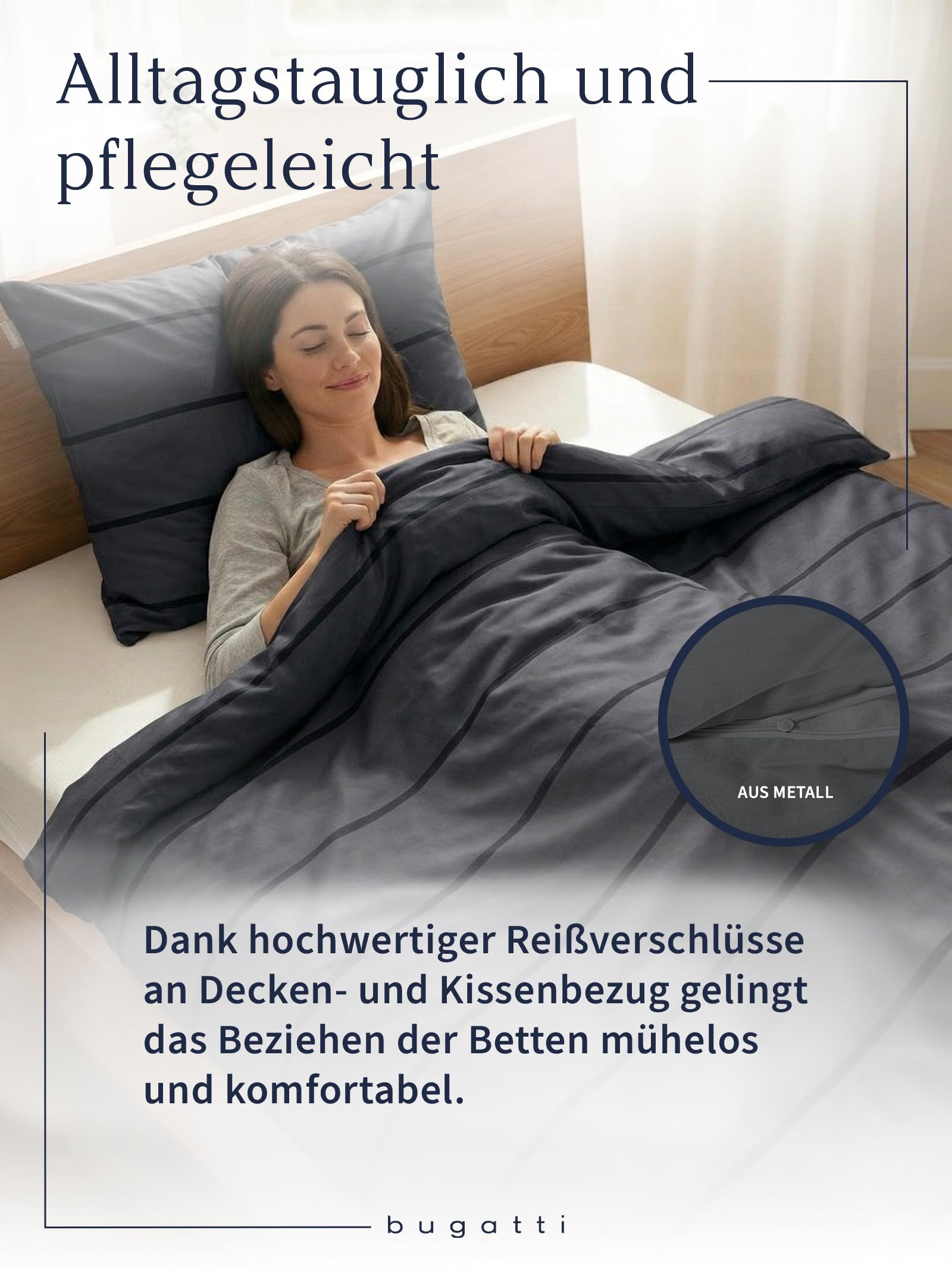 bugatti Bettwäsche 135x200 cm - Satinbettwäsche anthrazit/schwarz, 100% Baumwolle, 2 teilig mit Reißverschluss