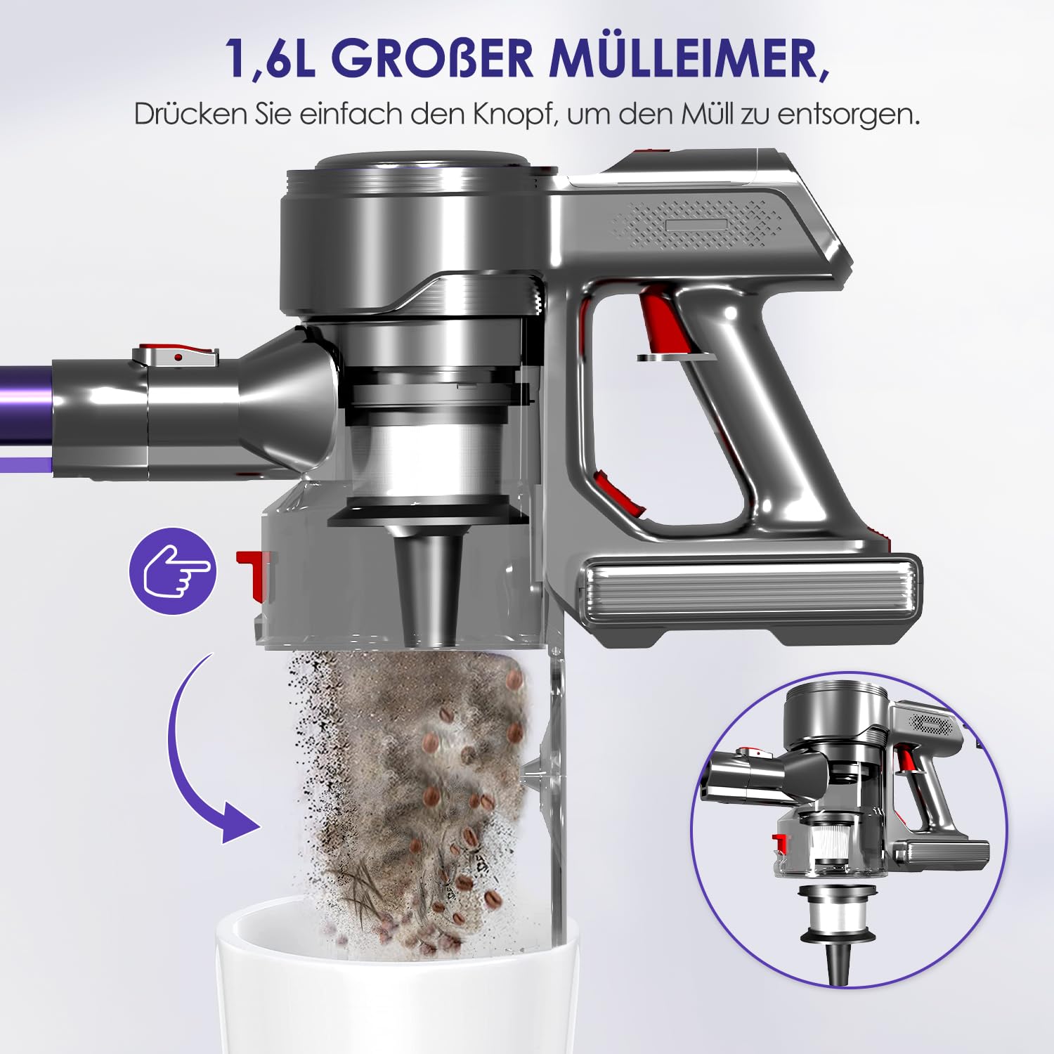 Akku Staubsauger Kabellos, 45000Pa Kabelloser Staubsauger mit Touchscreen, 50Mins, 1.6L, H13 HEPA, Anti-Tangle-Bürste, für Hartböden/Teppich/Tierhaare, Violett